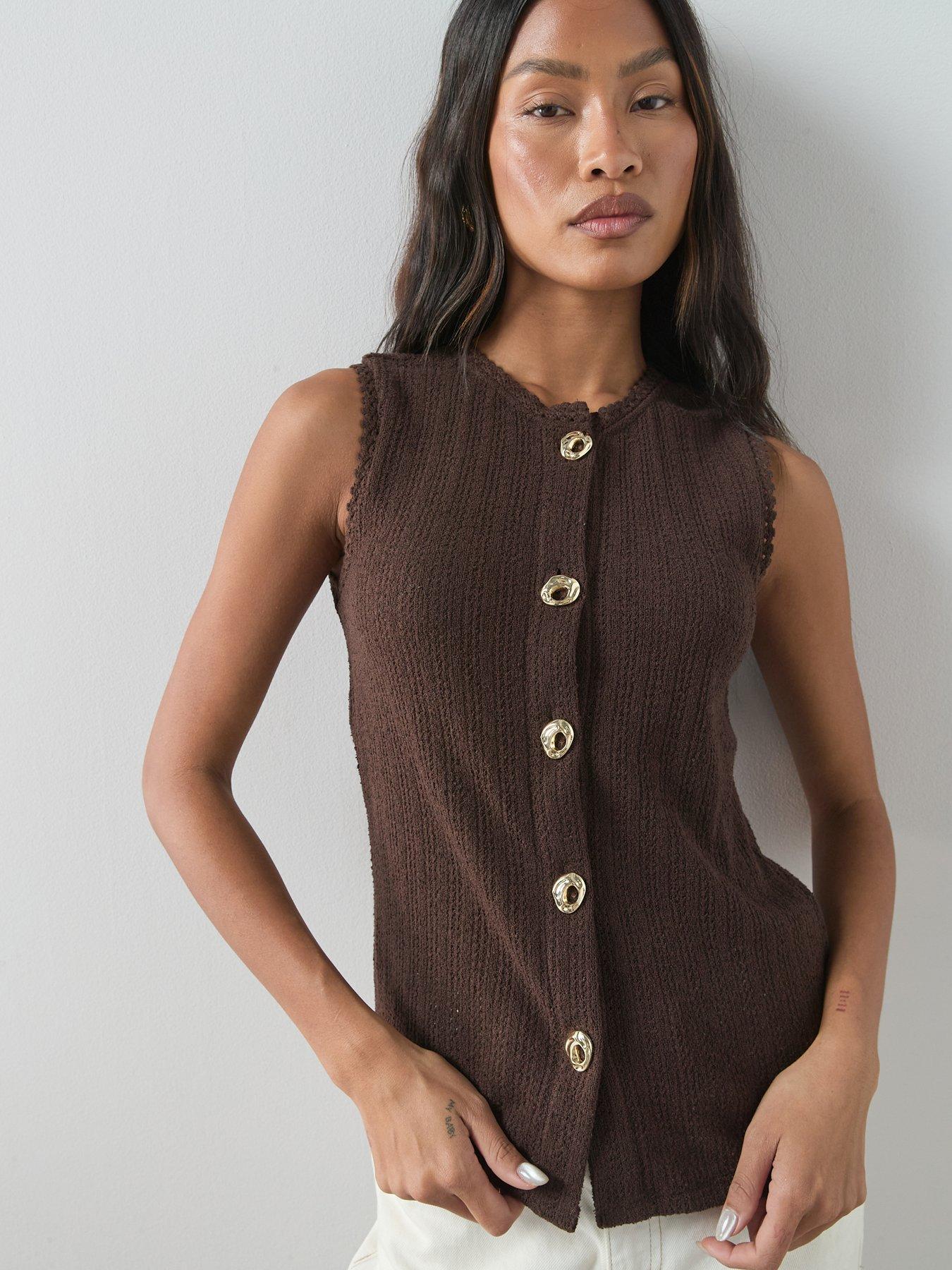 Image 5 of 6 of The Very Collection Textured Button Through Top - Brown