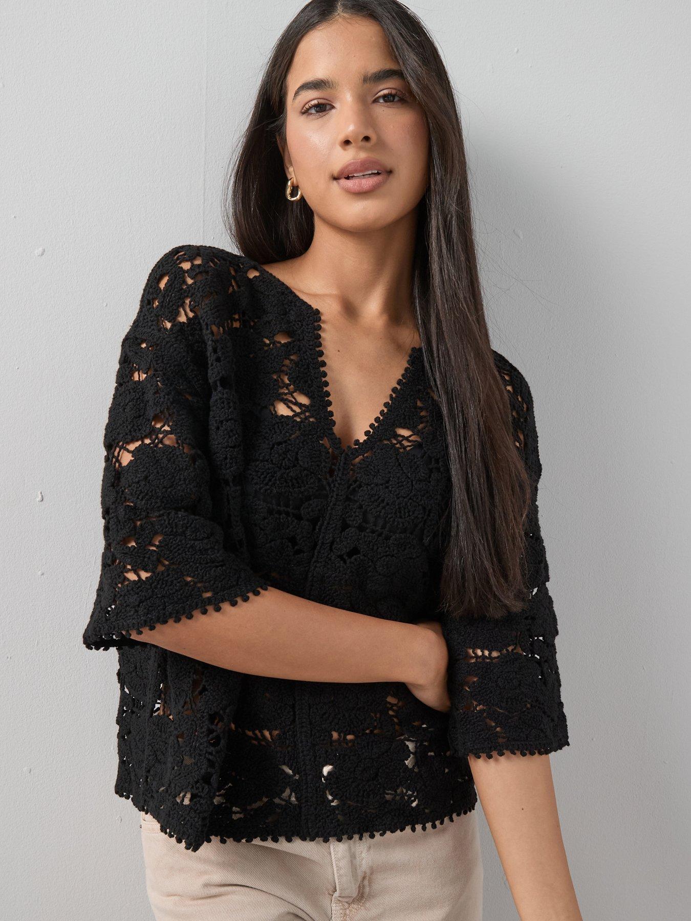 The Very Collection Oversized Crochet V Neck Top - Black