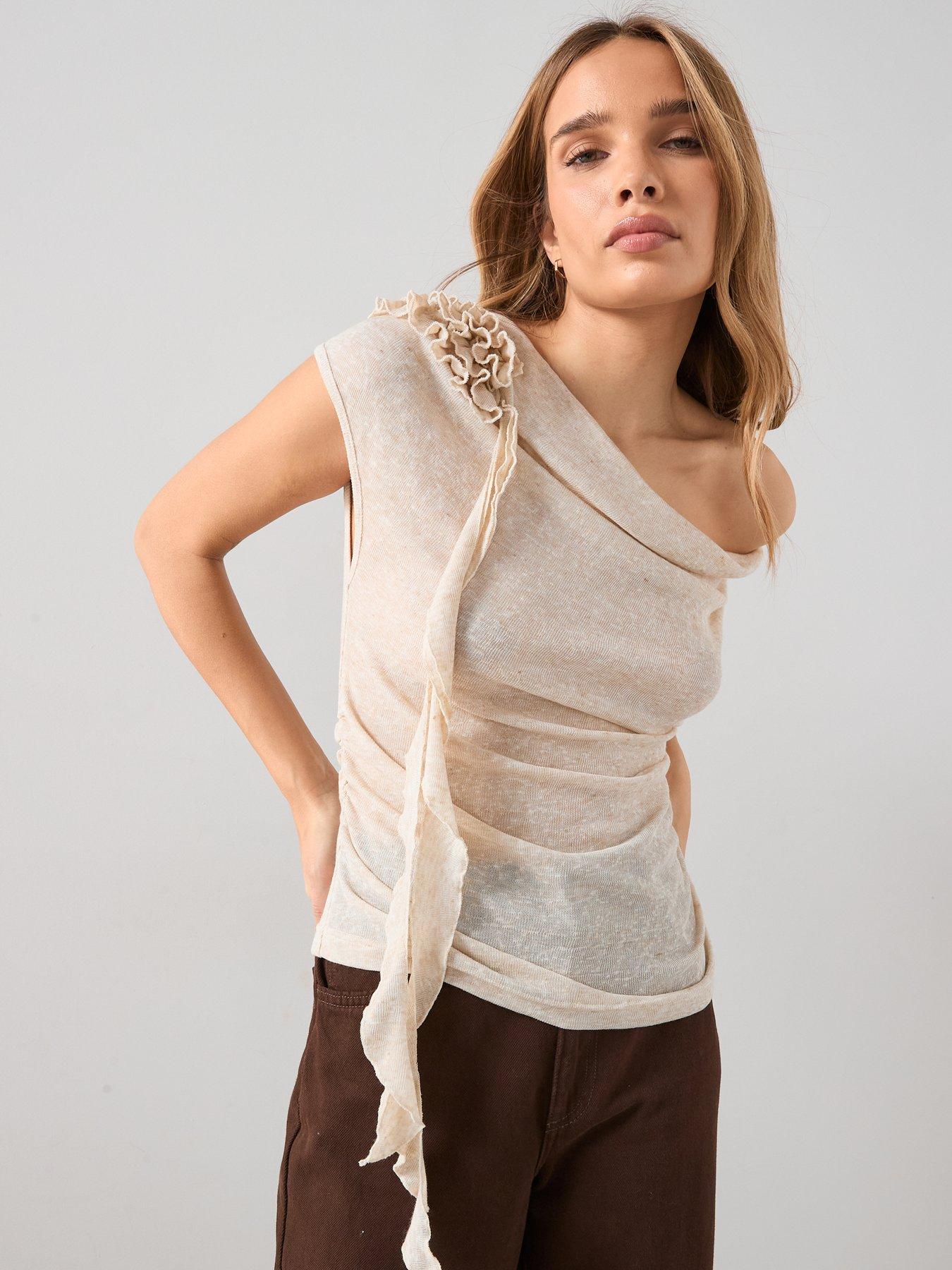 The Very Collection Draped Frill Sleeveless Top - Cream