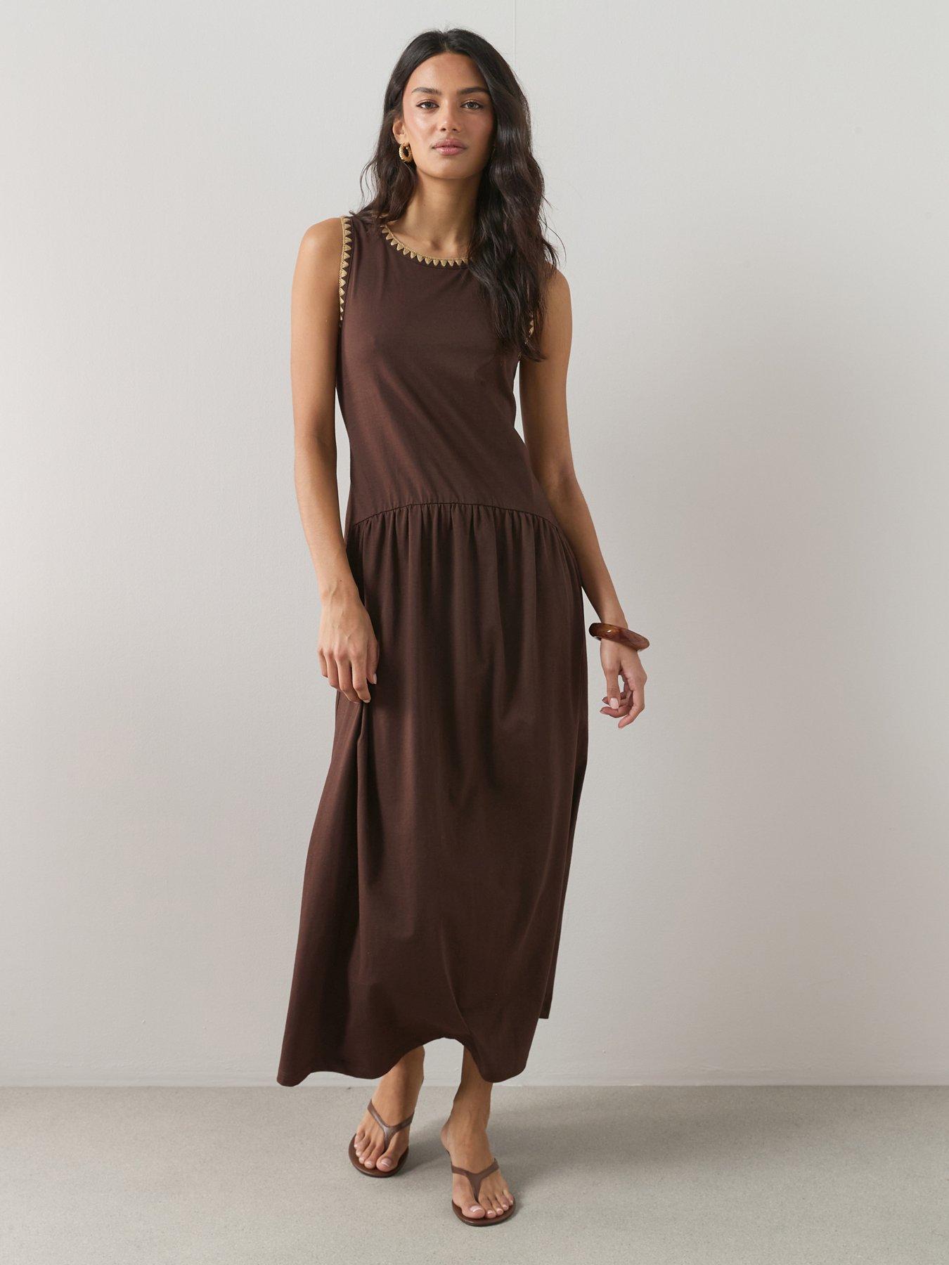 The Very Collection Neck Trim Drop Waist Midi Dress - Brown