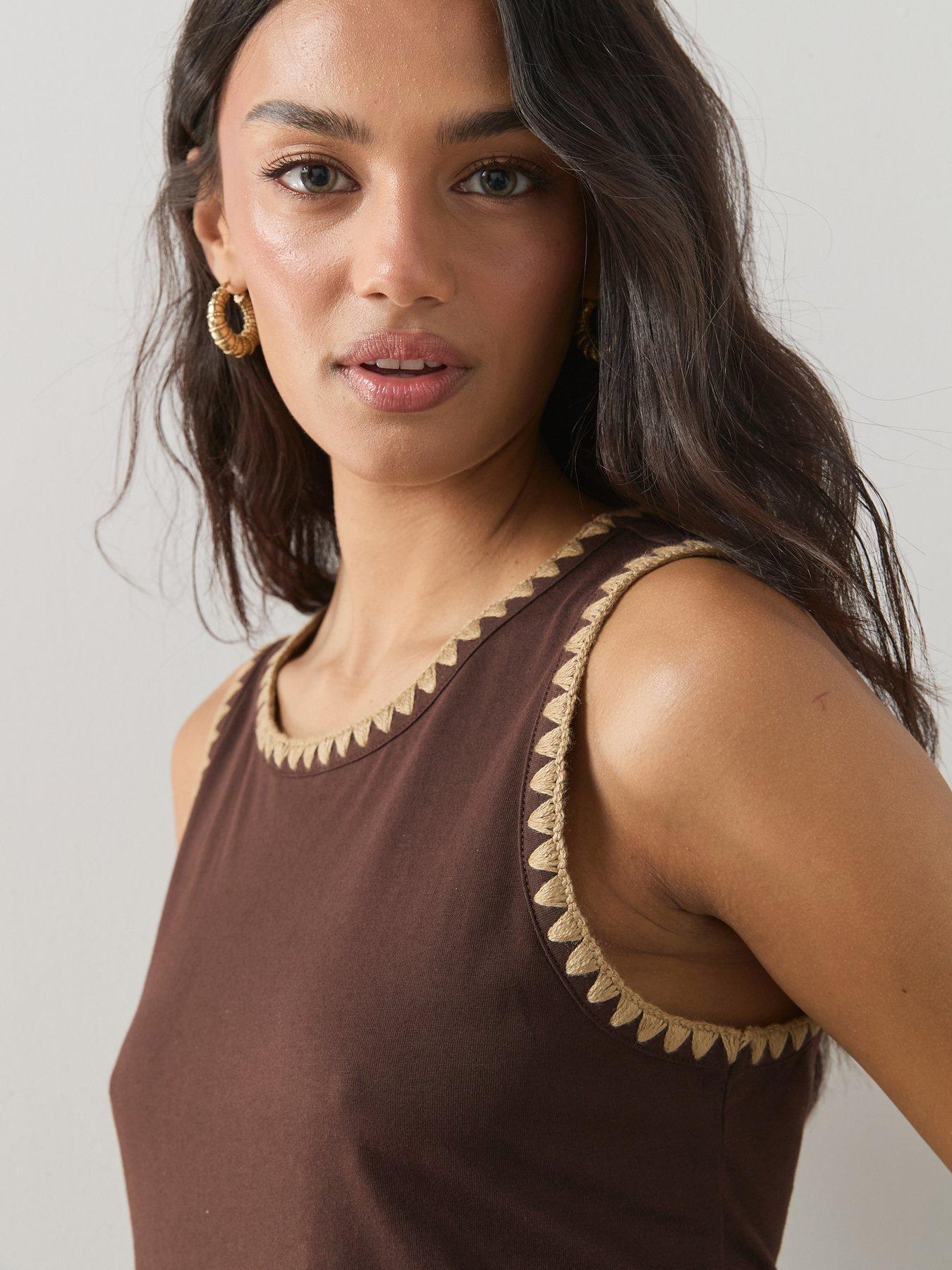 The Very Collection Neck Trim Drop Waist Midi Dress - Brown | Very