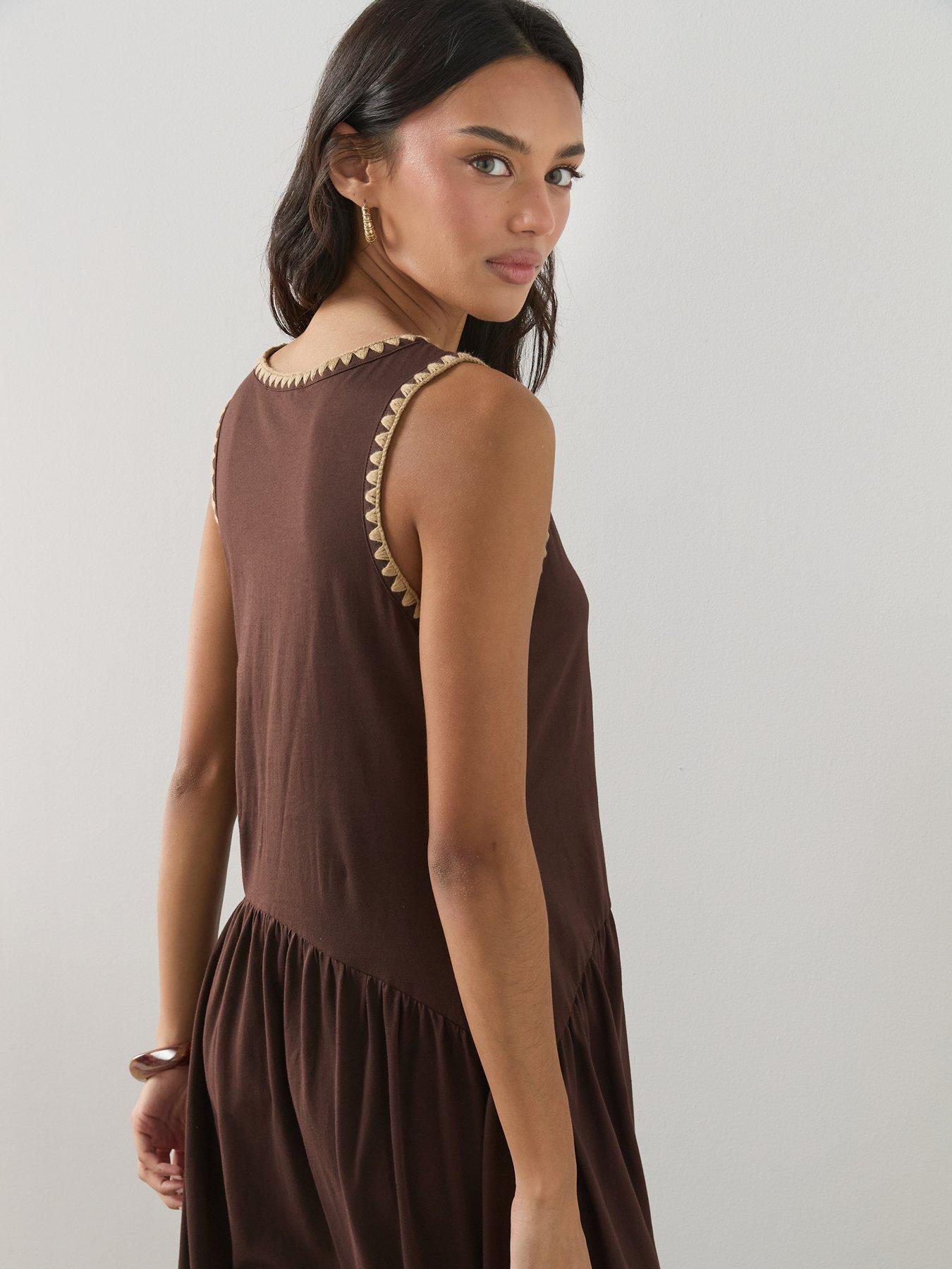 The Very Collection Neck Trim Drop Waist Midi Dress - Brown