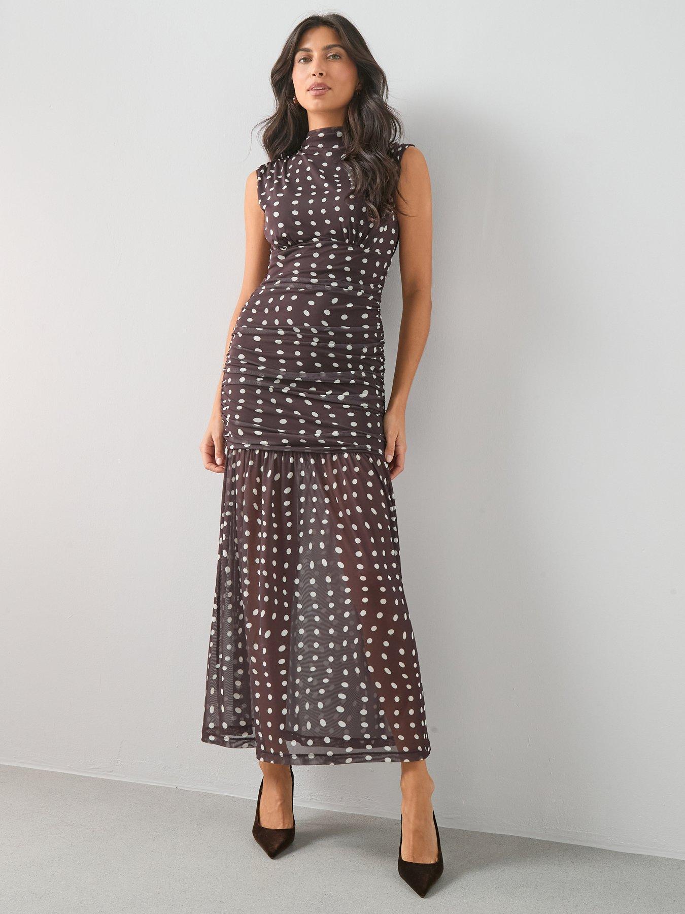 The Very Collection Spot Ruched Mesh Midi Dress - Brown