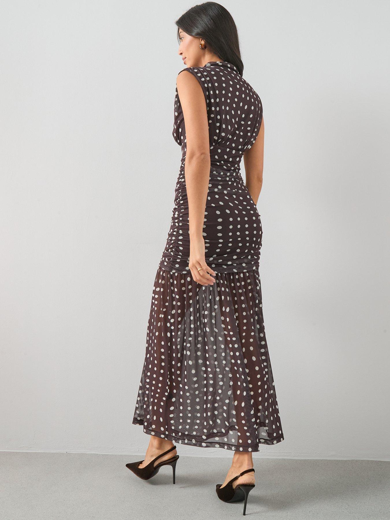 Image 2 of 8 of The Very Collection Spot Ruched Mesh Midi Dress - Brown