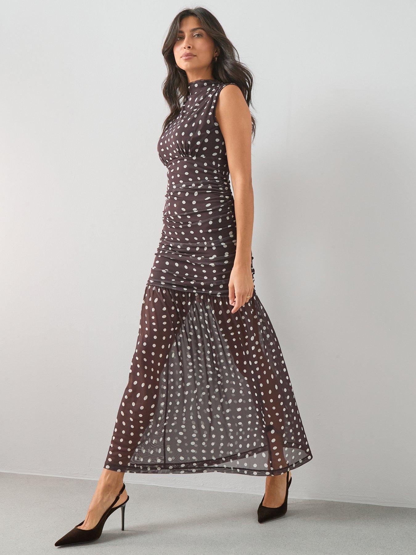 Image 3 of 8 of The Very Collection Spot Ruched Mesh Midi Dress - Brown