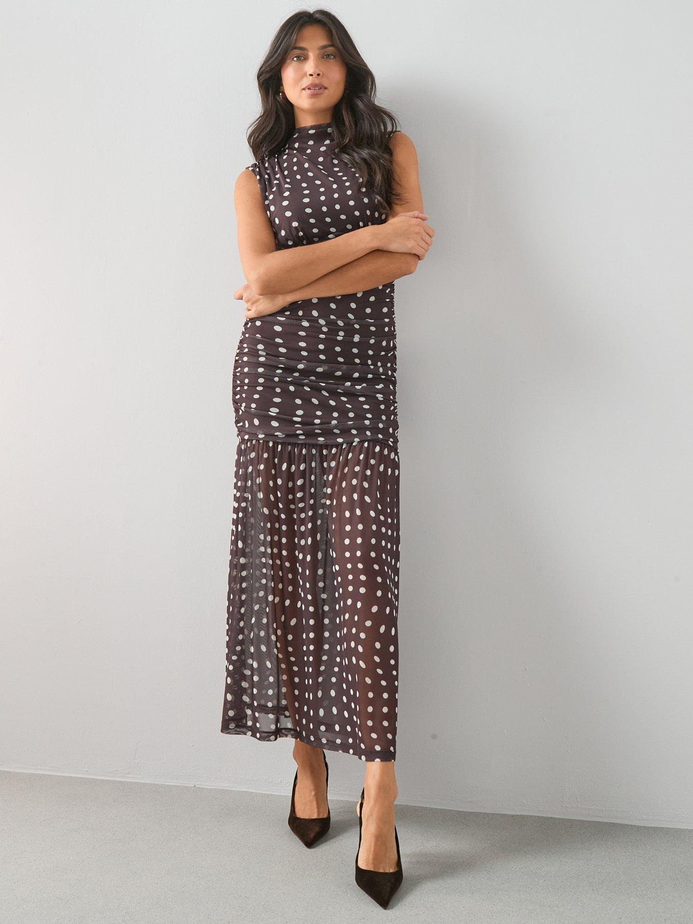 Image 5 of 8 of The Very Collection Spot Ruched Mesh Midi Dress - Brown