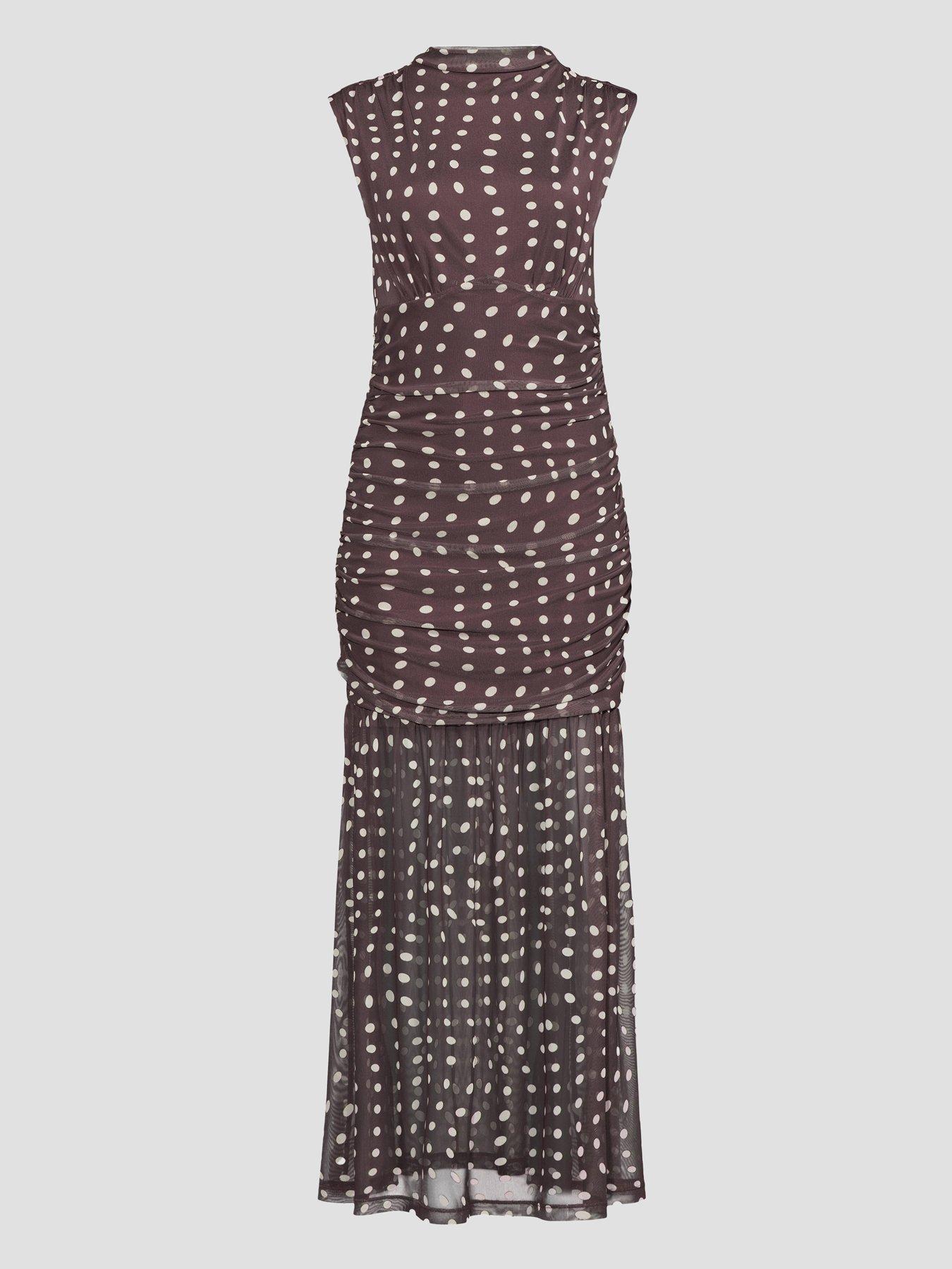 Image 7 of 8 of The Very Collection Spot Ruched Mesh Midi Dress - Brown