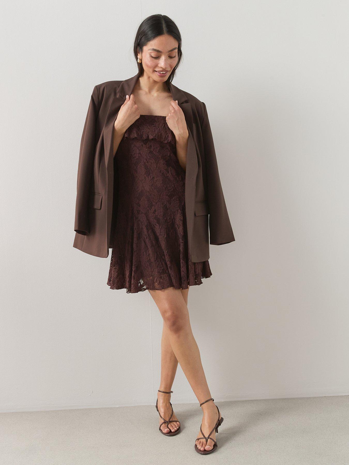 Image 3 of 6 of The Very Collection Frill Strap Lace Mini Dress - Brown