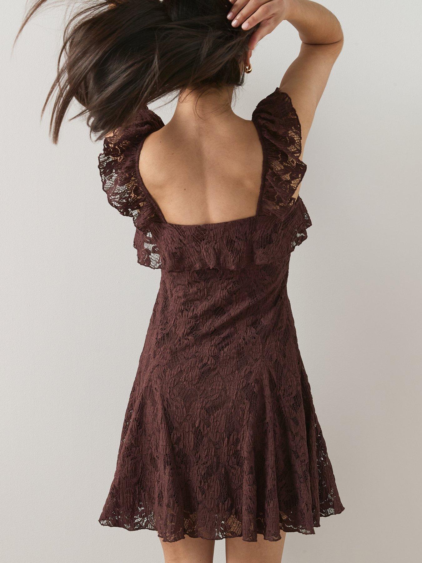 Image 6 of 6 of The Very Collection Frill Strap Lace Mini Dress - Brown