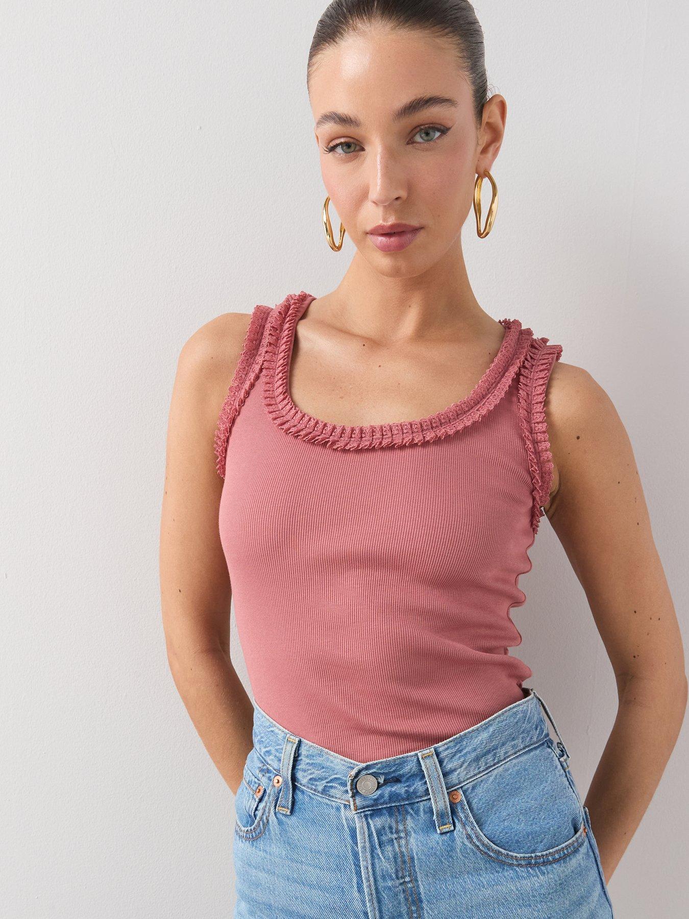 The Very Collection Lace Trim Ribbed Vest - Pink
