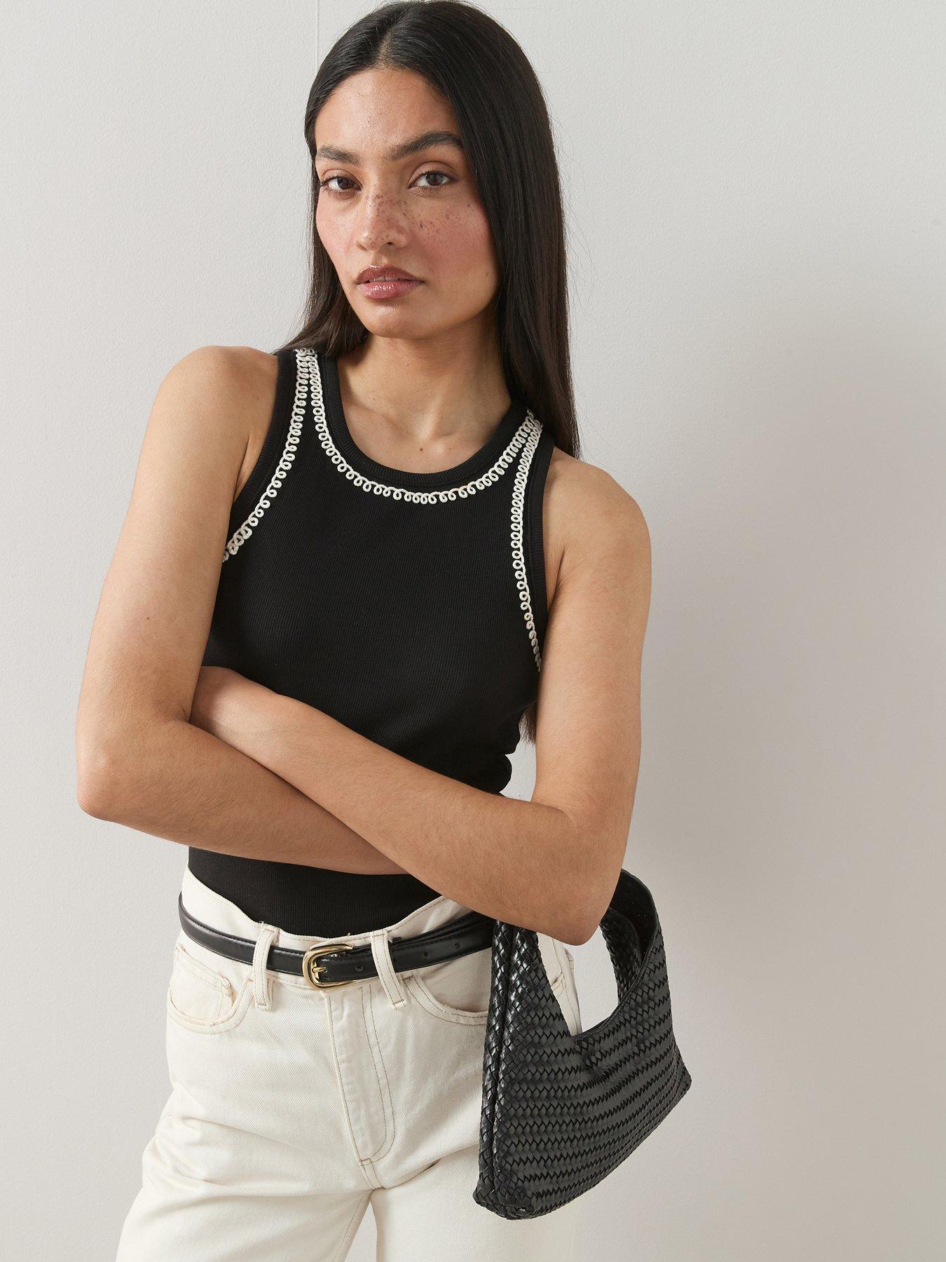 The Very Collection Embroidered Trim Rib Racer Vest - Black