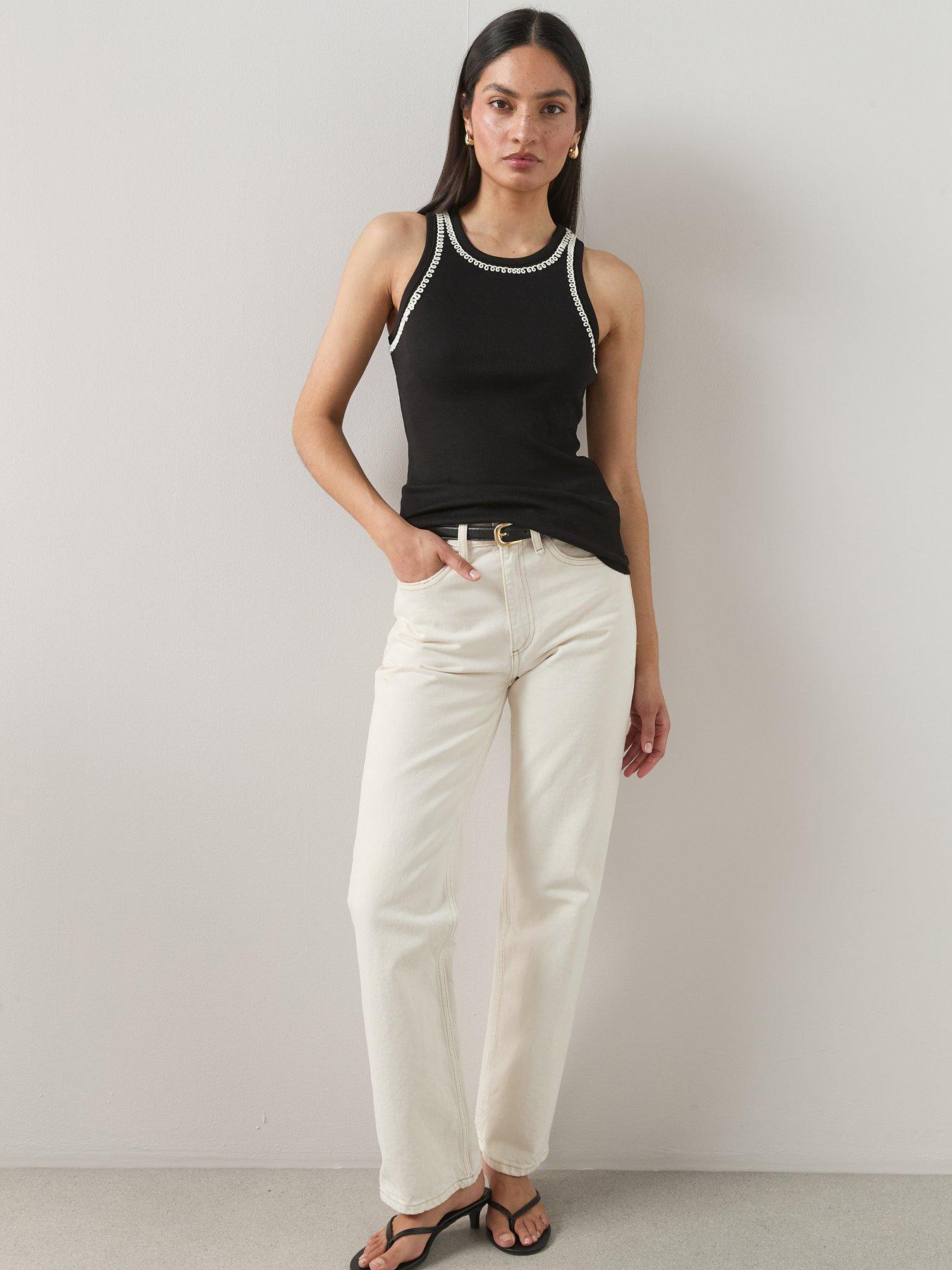 The Very Collection Embroidered Trim Rib Racer Vest - Black | Very