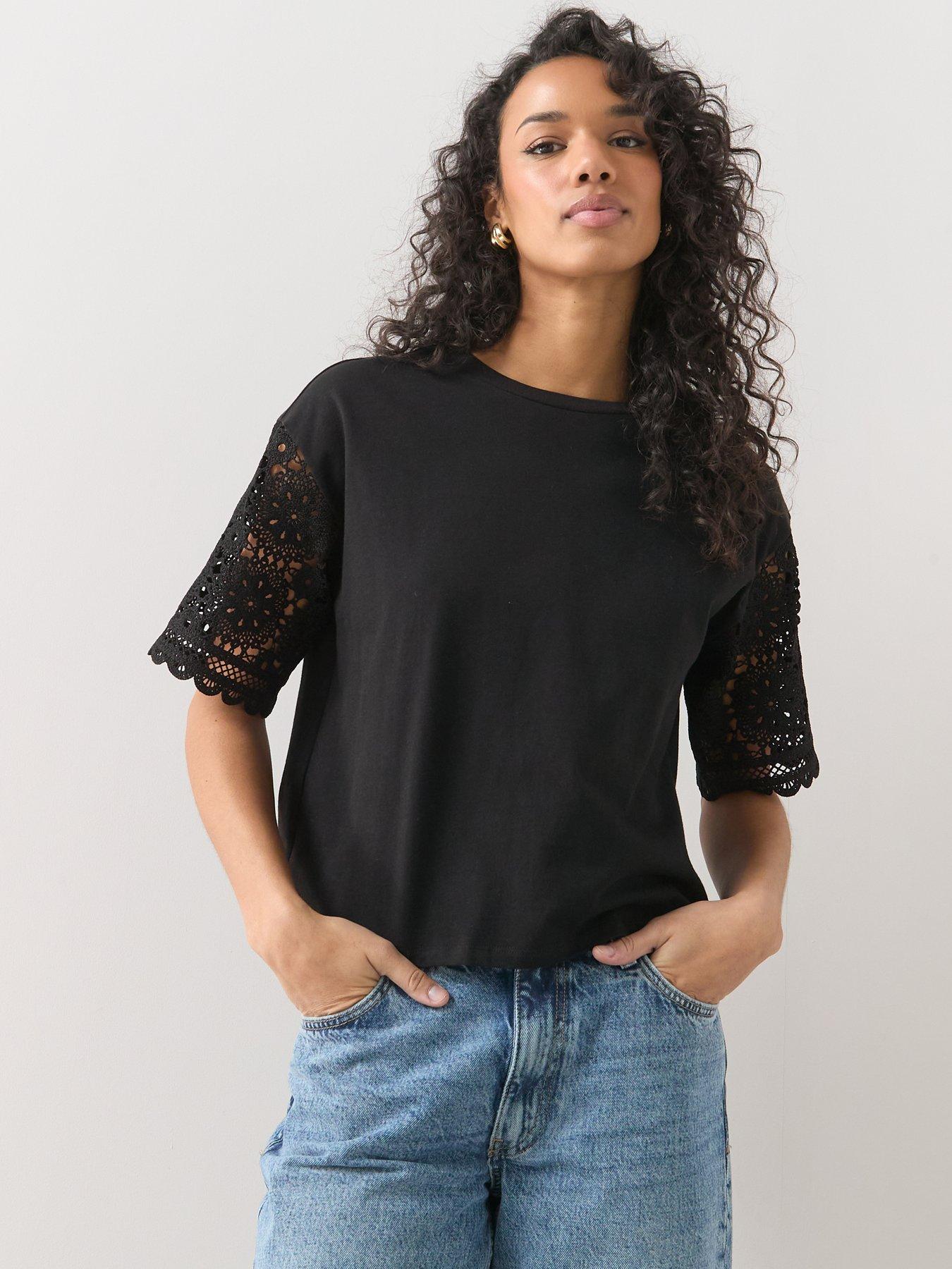 The Very Collection Crochet Sleeve Oversized T-Shirt - Black