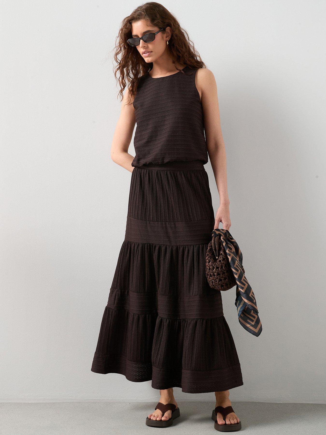 Image 1 of 6 of The Very Collection Textured Panel Co-Ord Maxi Skirt - Brown