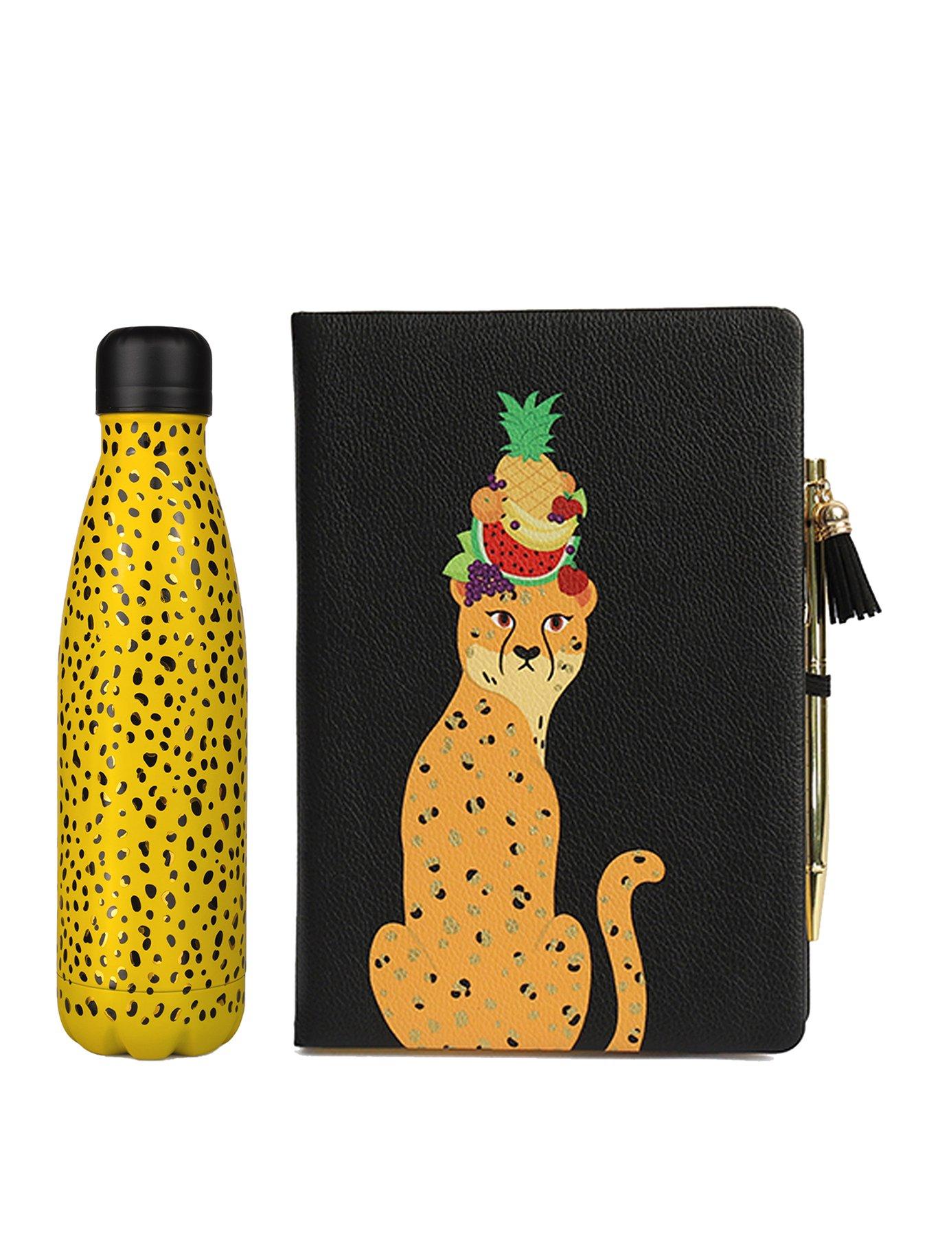 Tache A5 PU Padded Notebook with Foil on Cover & Page Edges & Cheetah Water Bottle Set