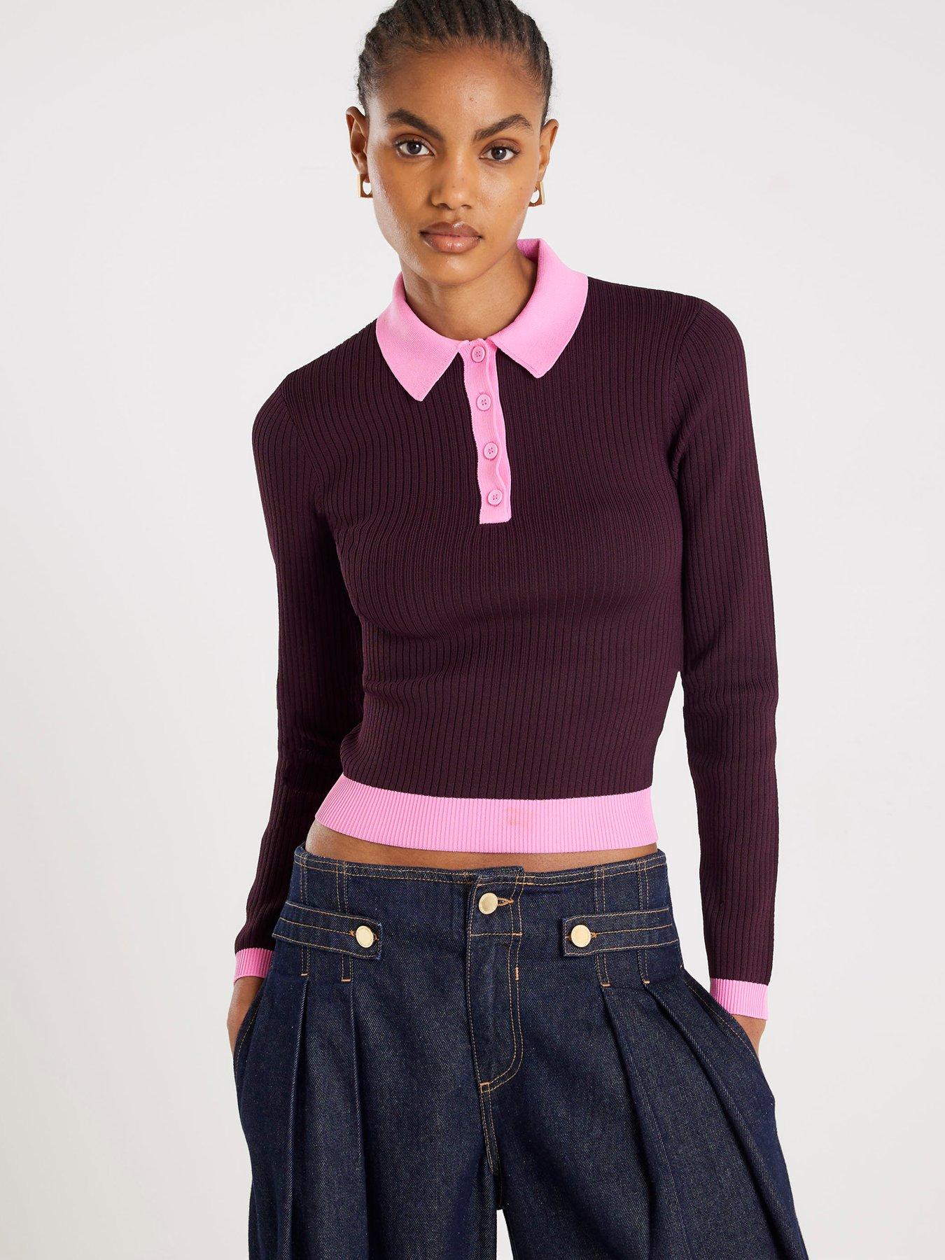 River Island Long Sleeve Ribbed Polo Top - Brown