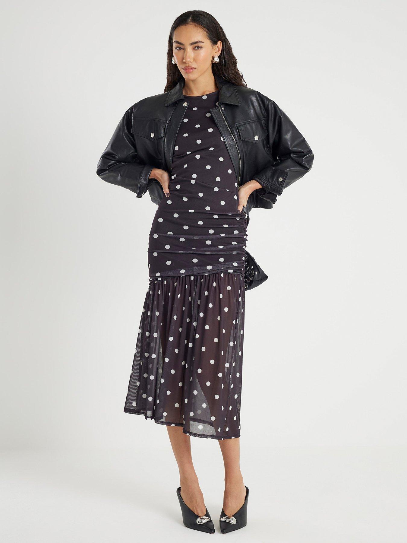 River Island Long Sleeve Ruched Spot Mesh Maxi Dress - Black