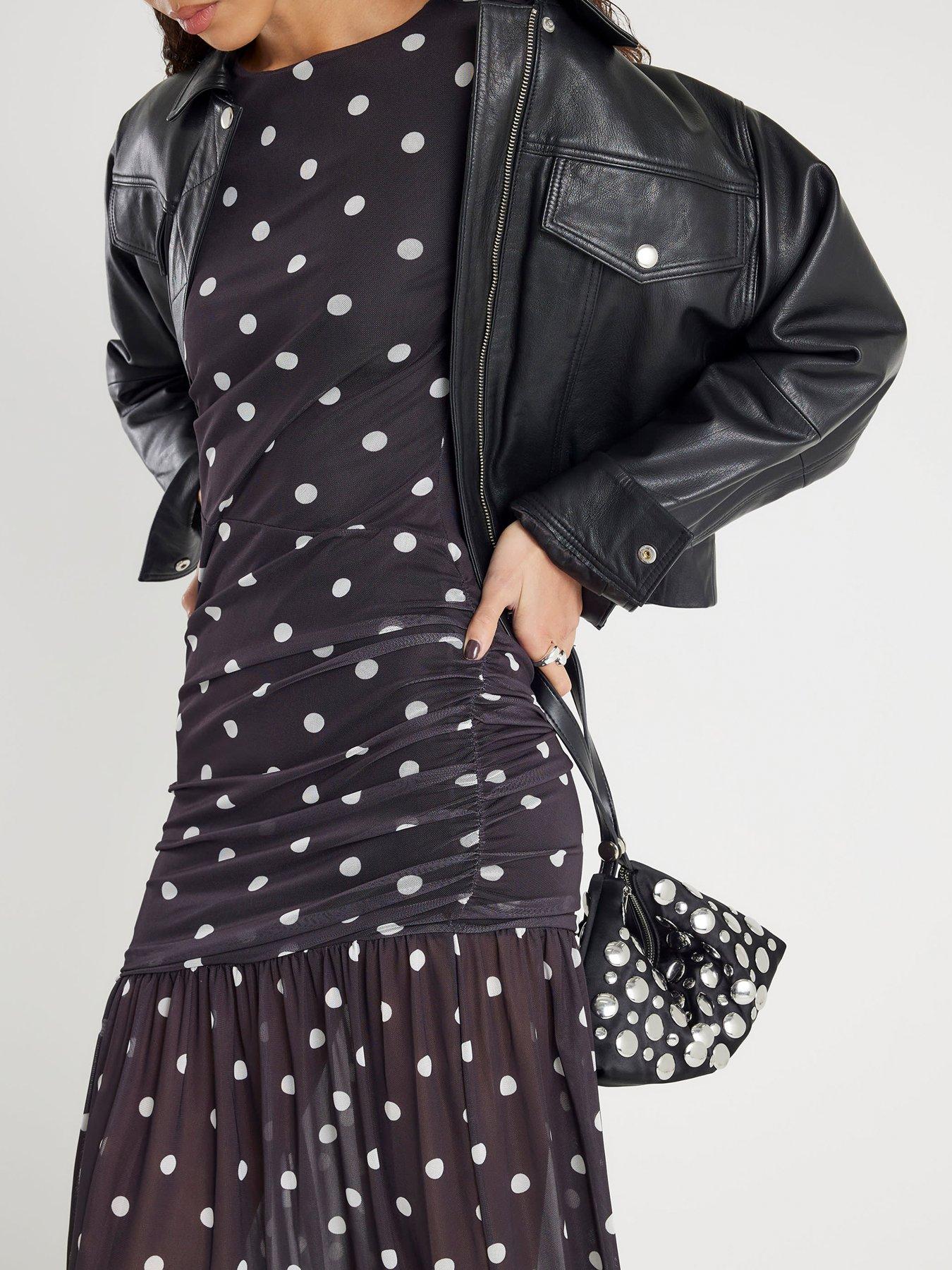 River Island Long Sleeve Ruched Spot Mesh Maxi Dress - Black | Very
