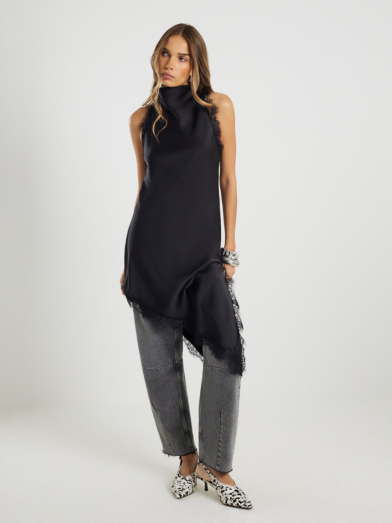 River Island Longline Lace Halter Top - Black