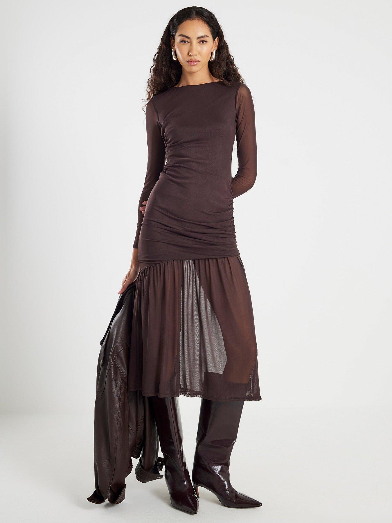 River Island Mesh Long Sleeve Ruched Midi Dress - Brown