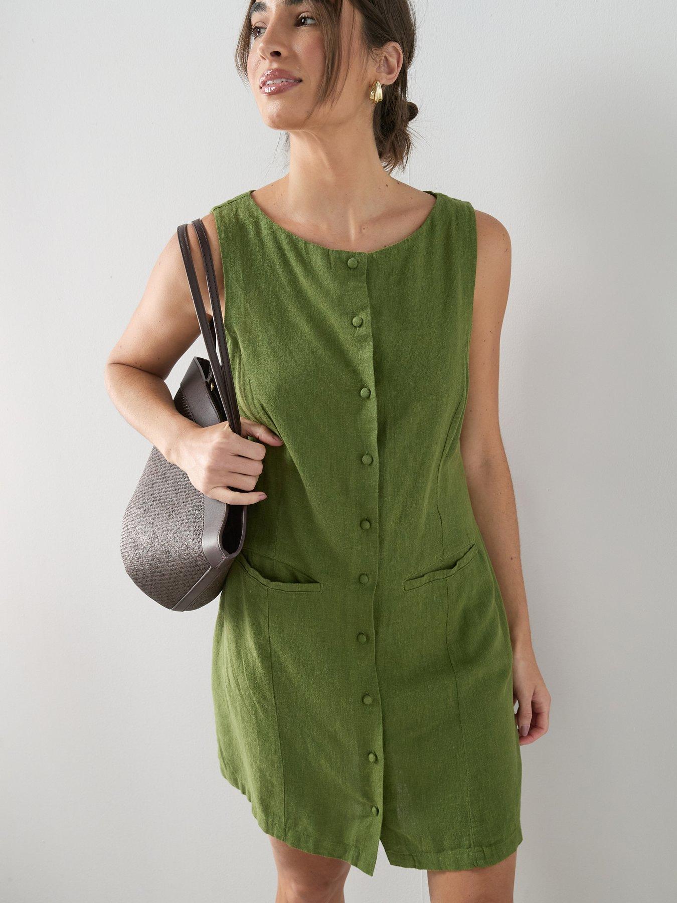 The Very Collection Linen Blend Crew Neck Mini Dress - Green