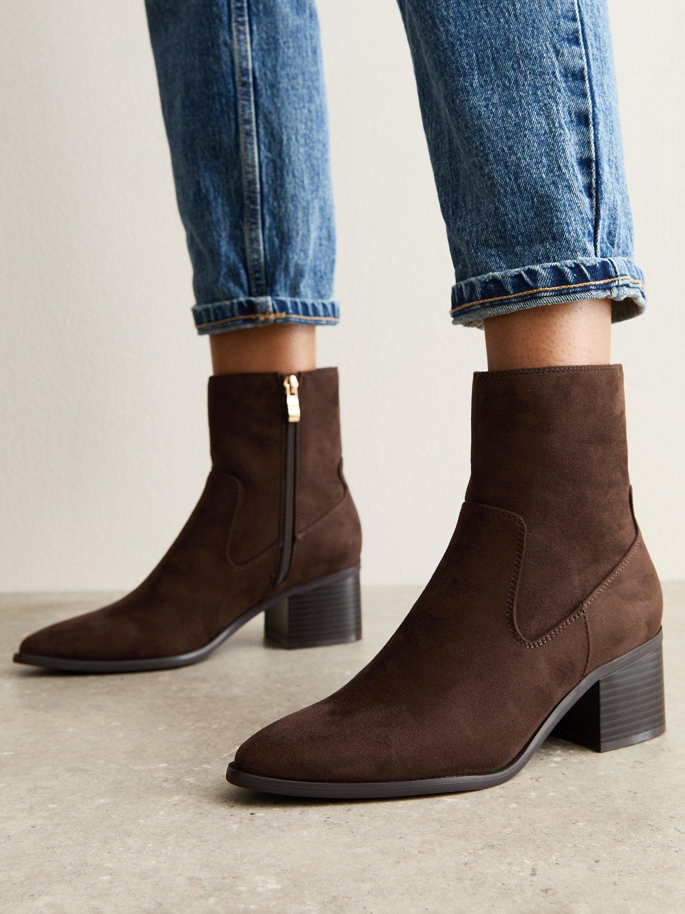 New Look: Brown Faux Suede Block Heel Ankle Boots