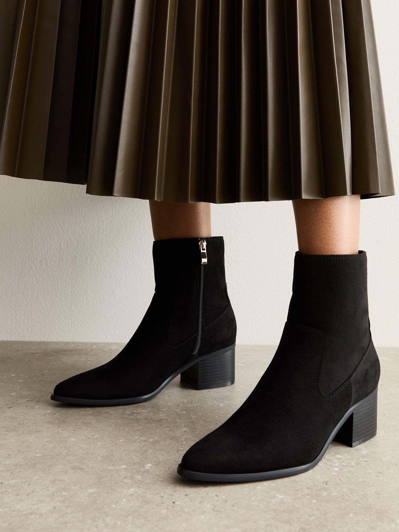 Image 1 of 6 of New Look Black Faux Suede Block Heel Ankle Boots