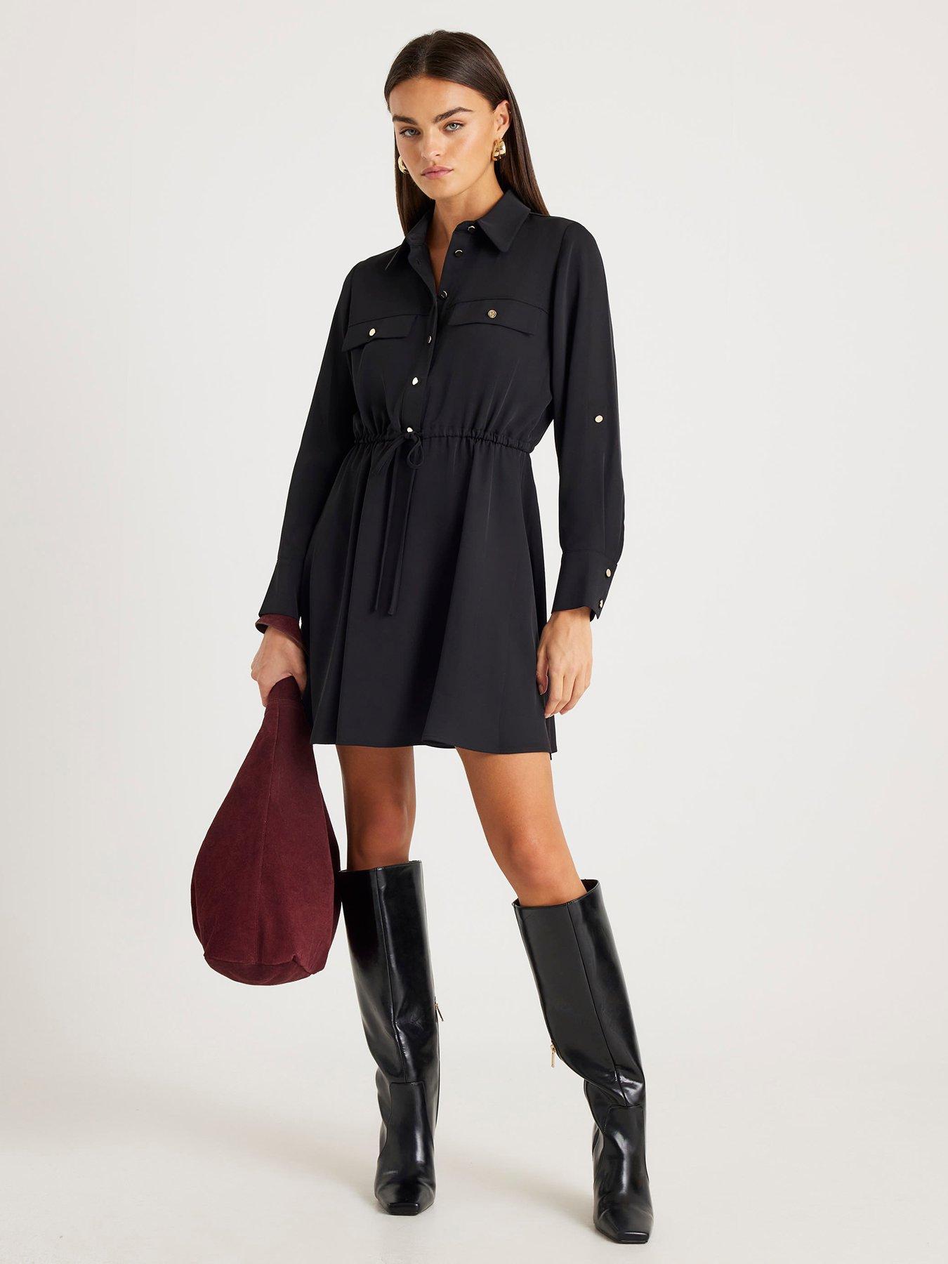 River Island: Long Sleeve Mini Shirt Dress - Black