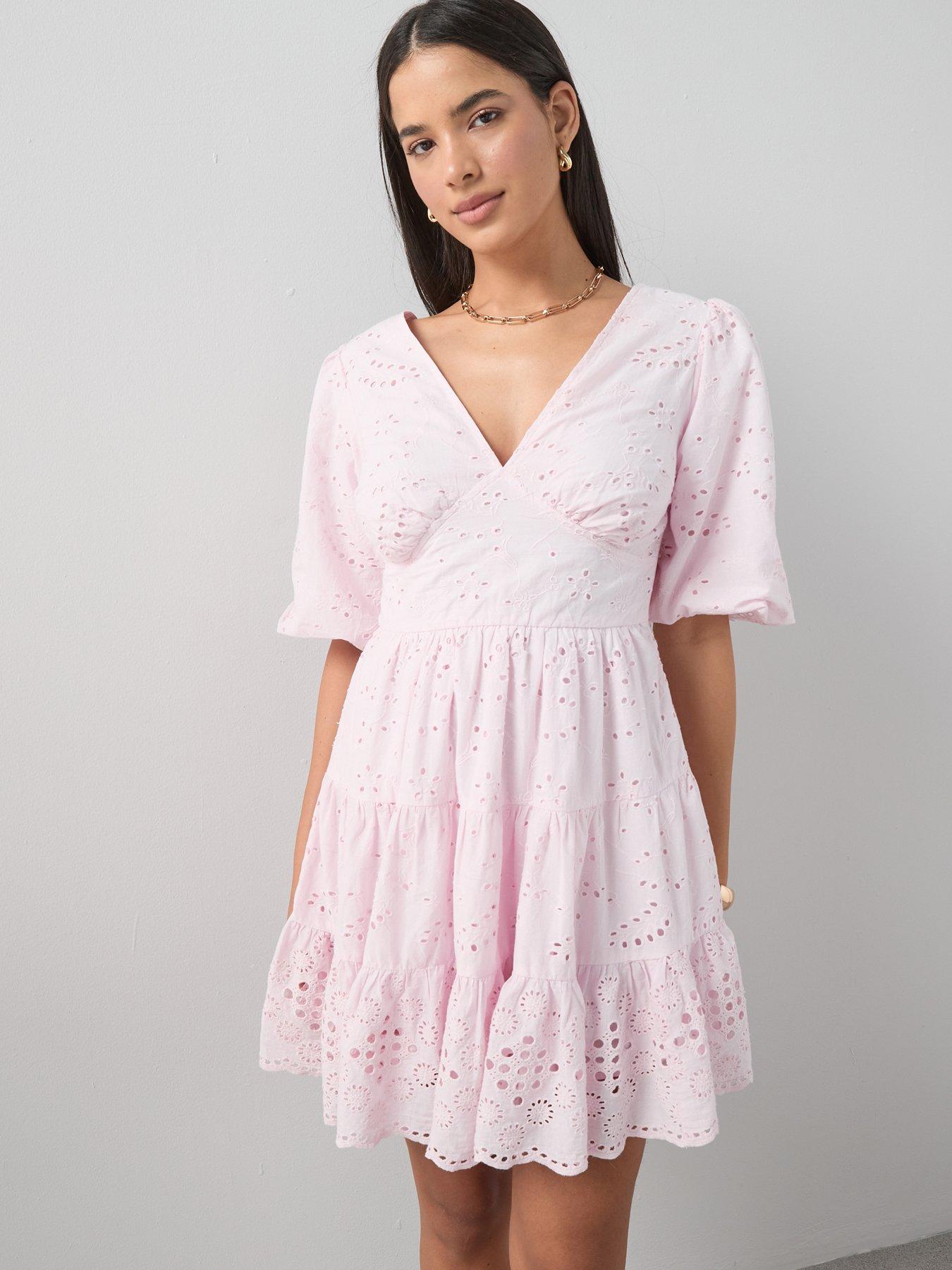 The Very Collection Broderie Puff Sleeve V Neck Mini Dress - Pink