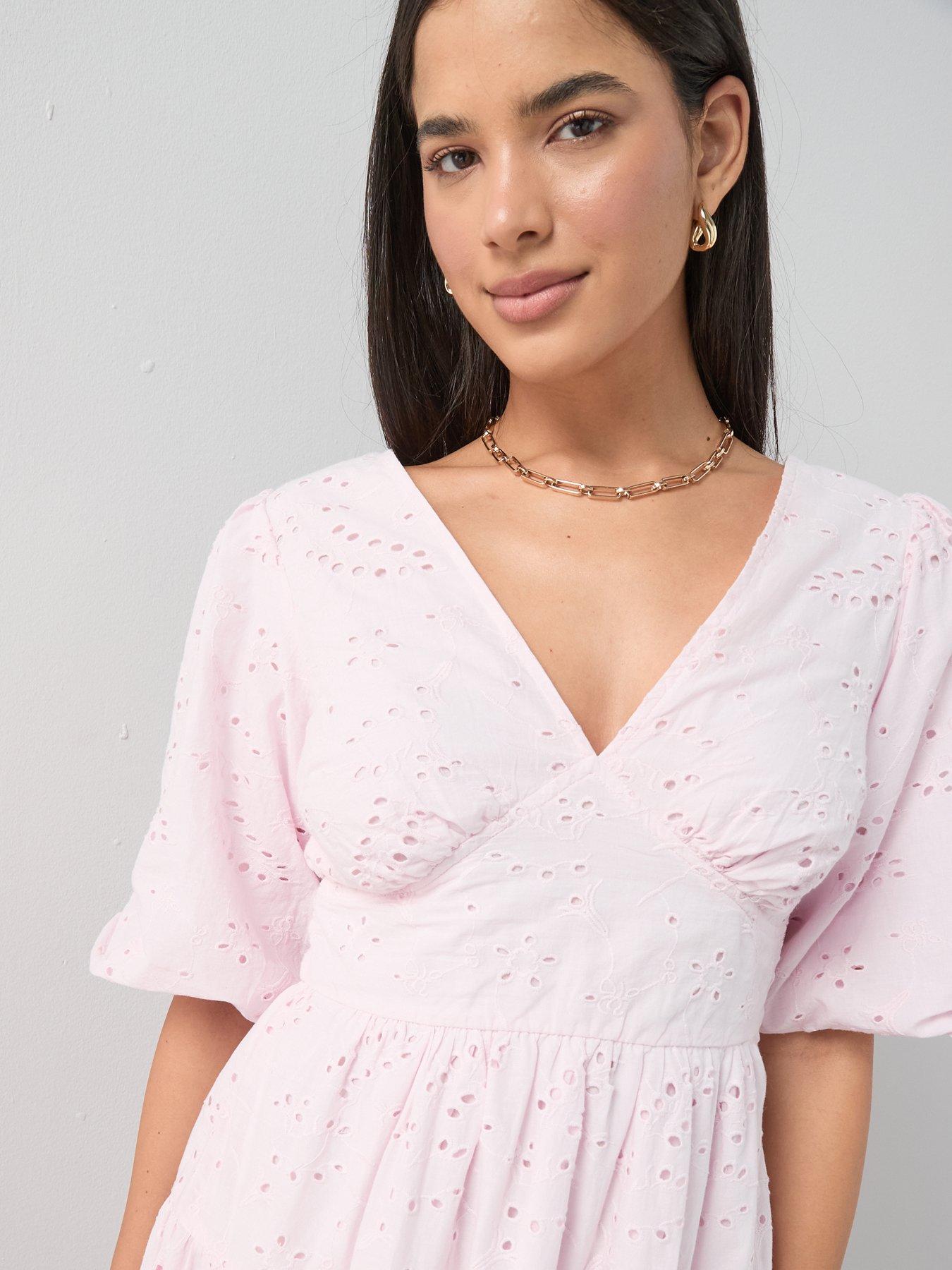 The Very Collection Broderie Puff Sleeve V Neck Mini Dress - Pink | Very