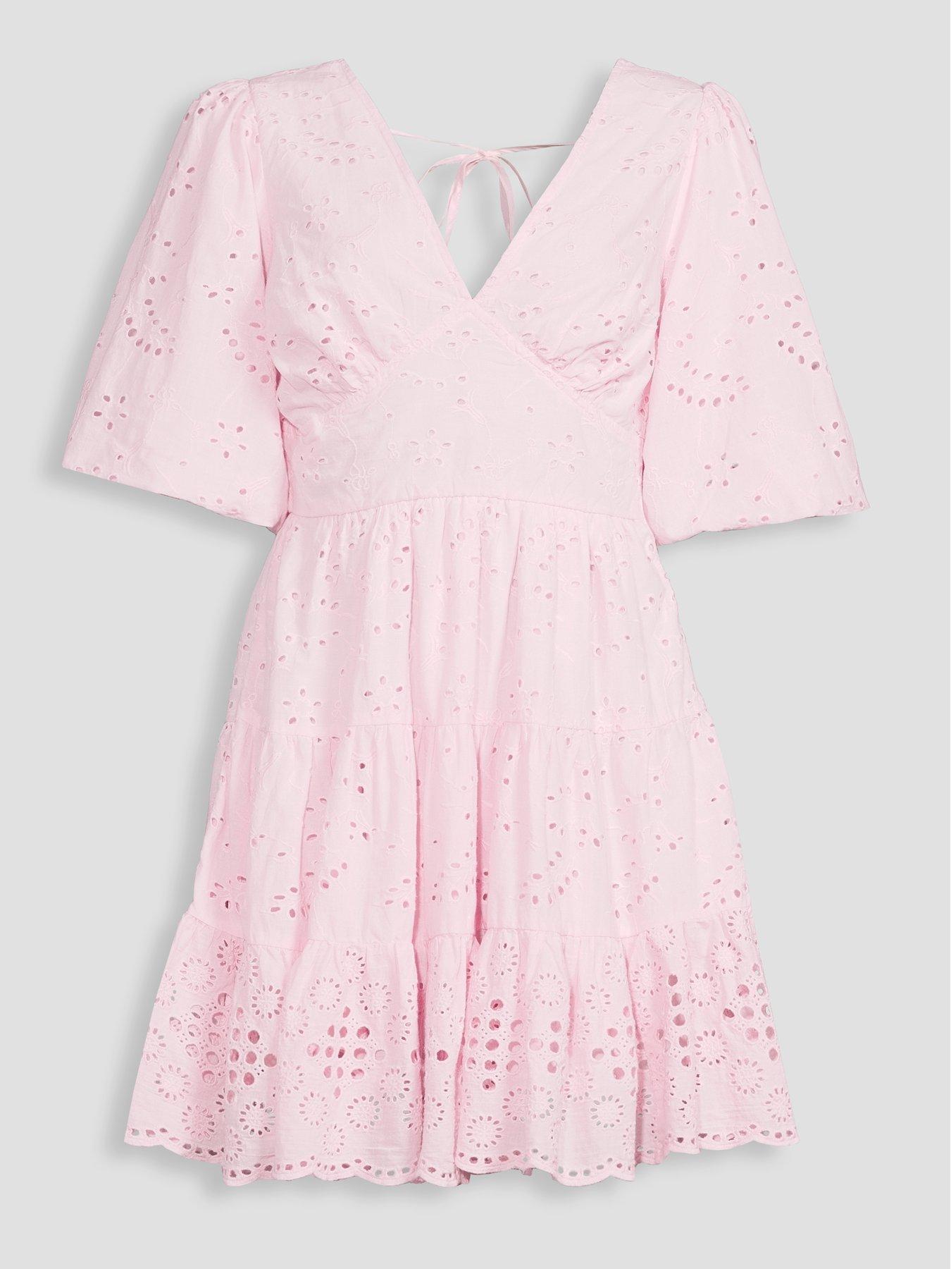 The Very Collection Broderie Puff Sleeve V Neck Mini Dress - Pink | Very