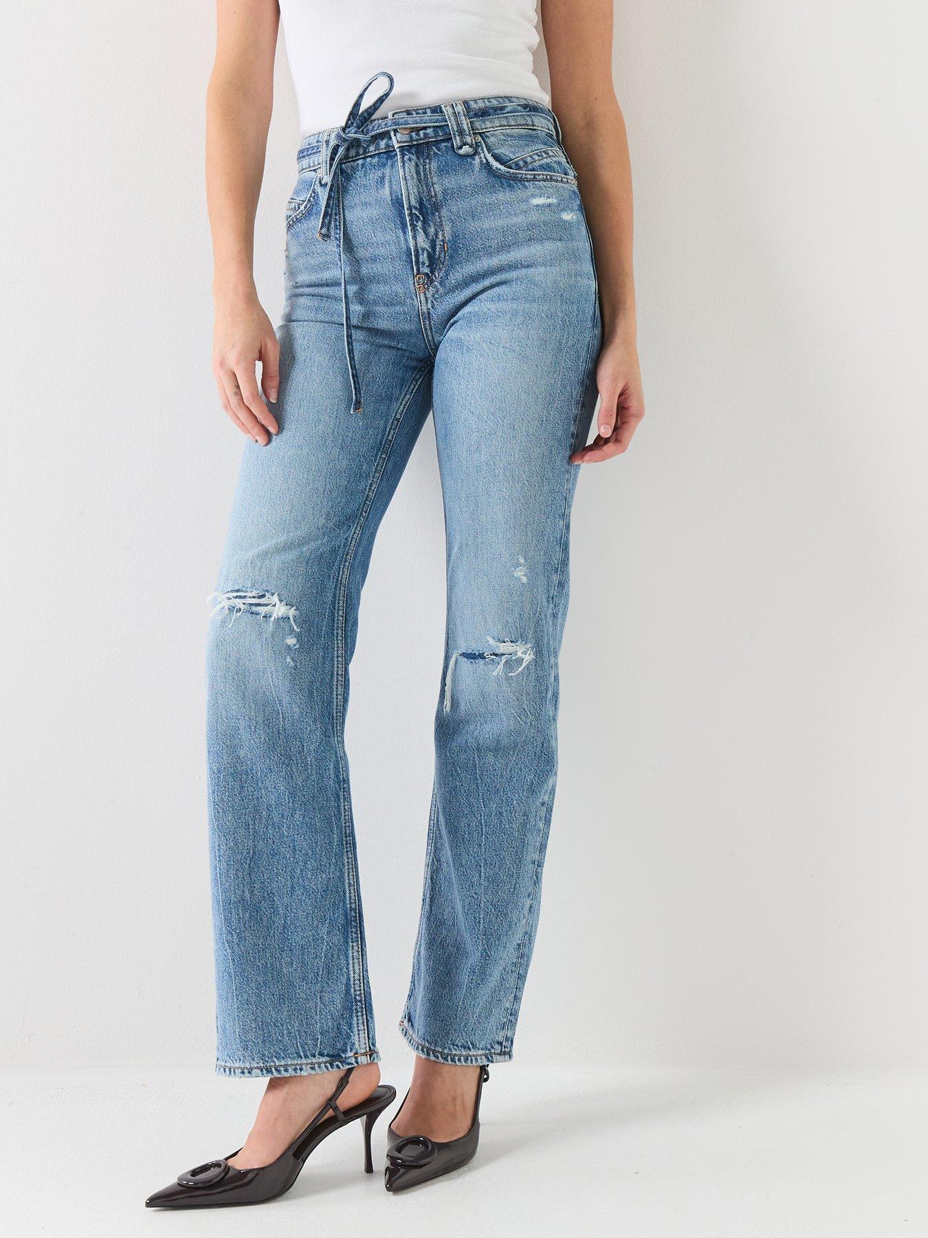 Image 1 of 6 of BOSS Distressed Denim Straight Leg Jeans - Blue