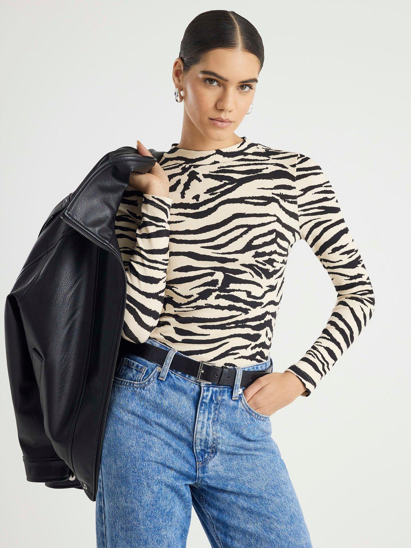 River Island Long Sleeve Rib Crew Neck Zebra Top - Black