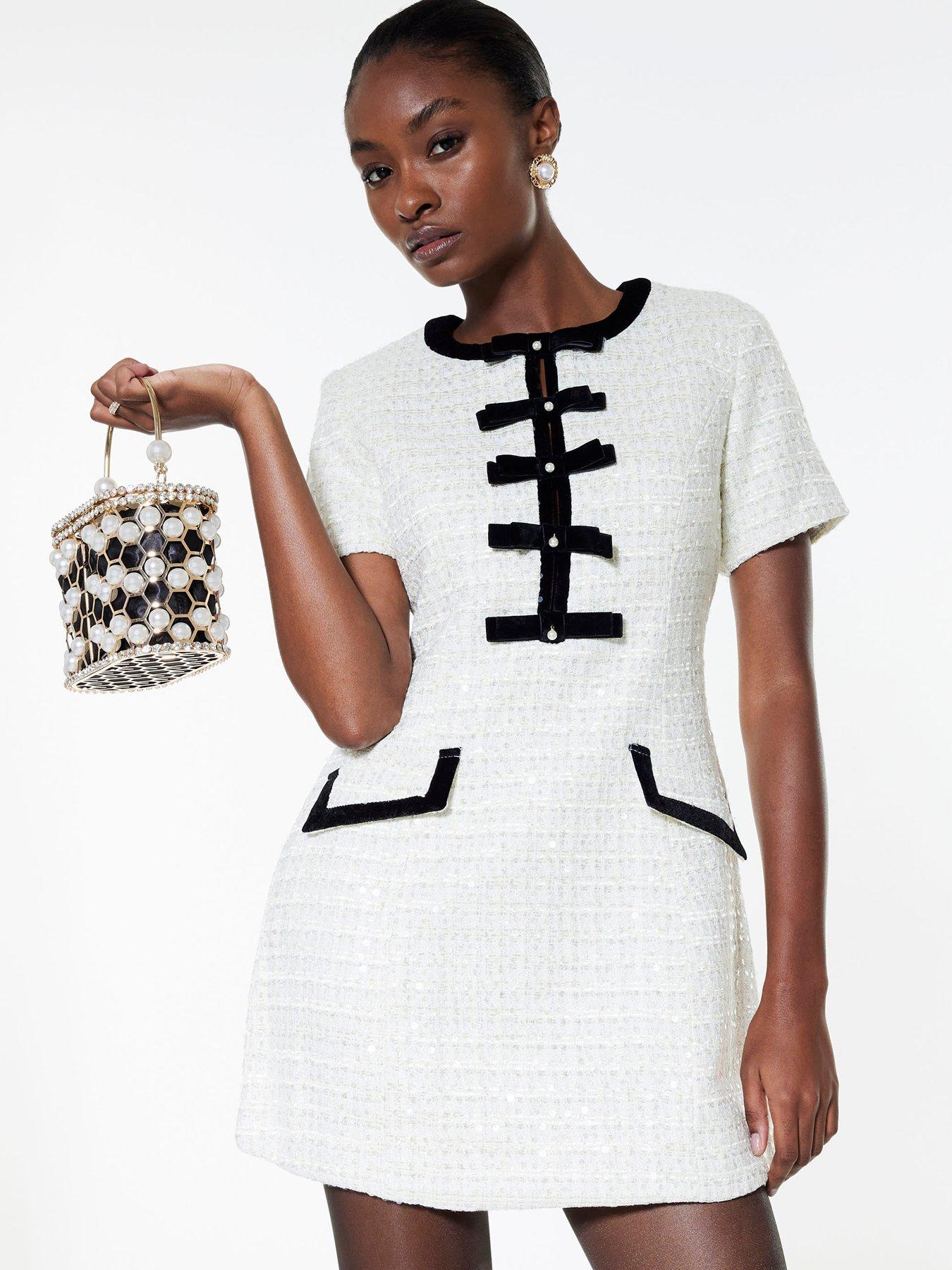 River Island Bow Front Boucle Dress - Cream