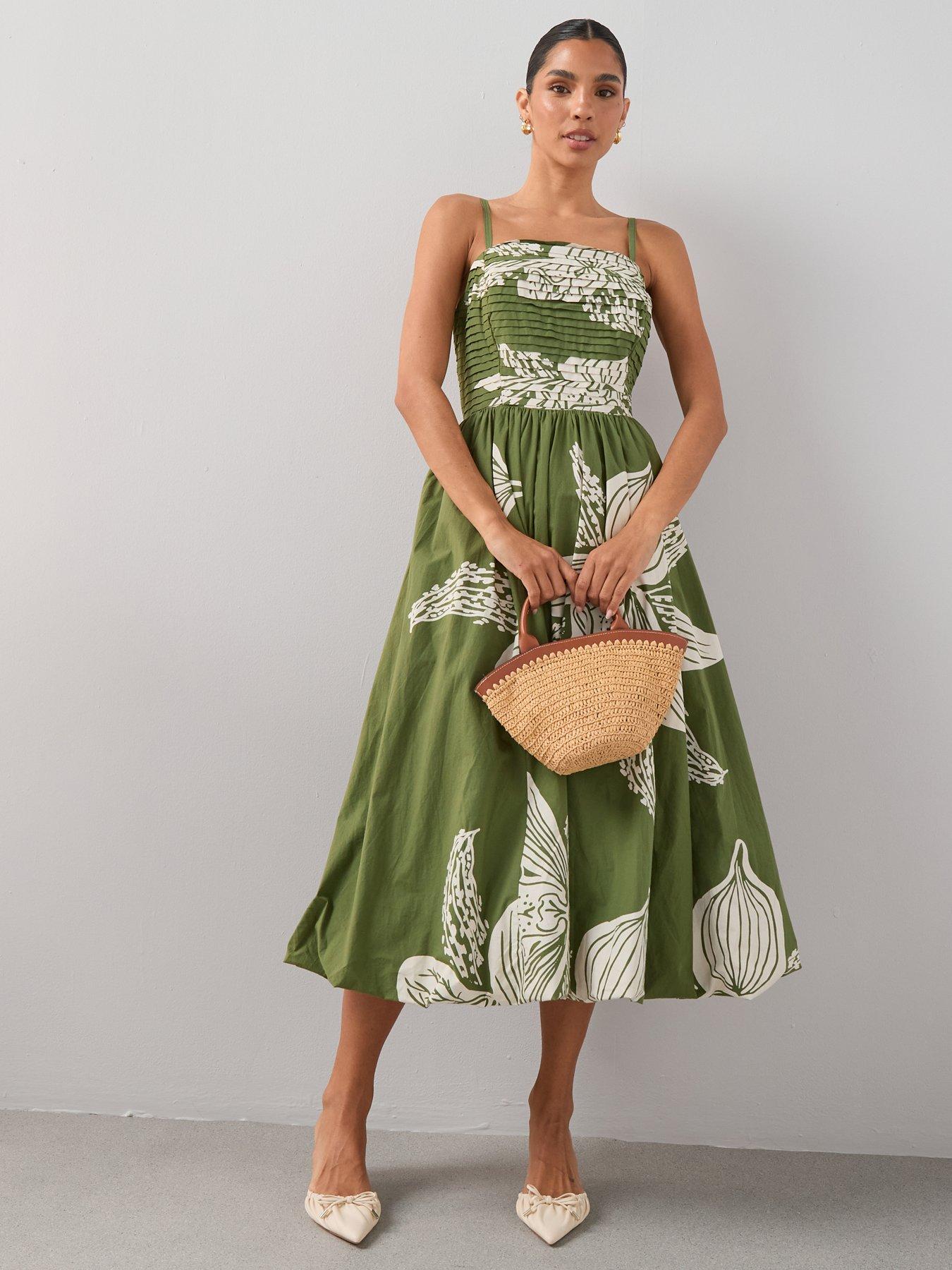 knee length dresses for ladies V-Neck Puffball Sleeve Midi Dress