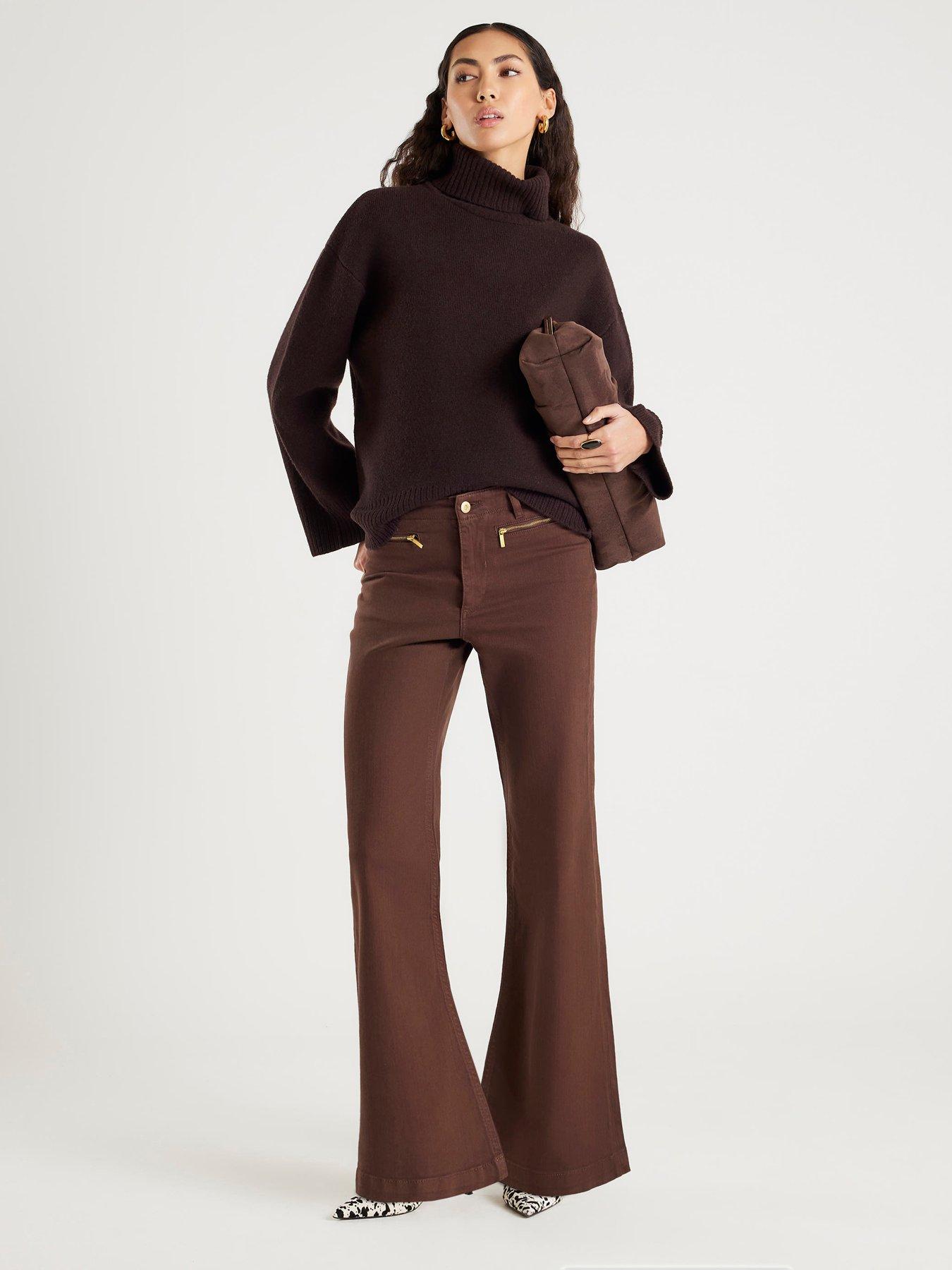 River Island Zip Front Relaxed Flare Jeans - Brown