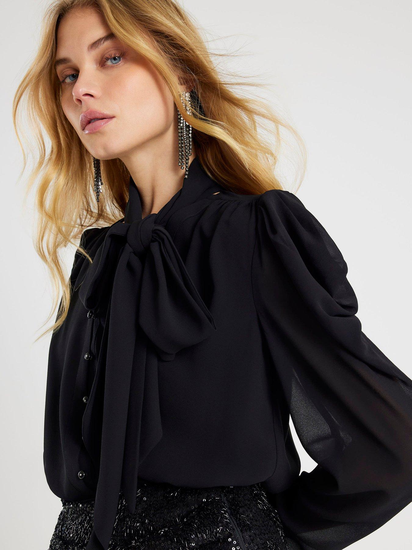 Image 4 of 4 of River Island Pussybow Blouse - Black