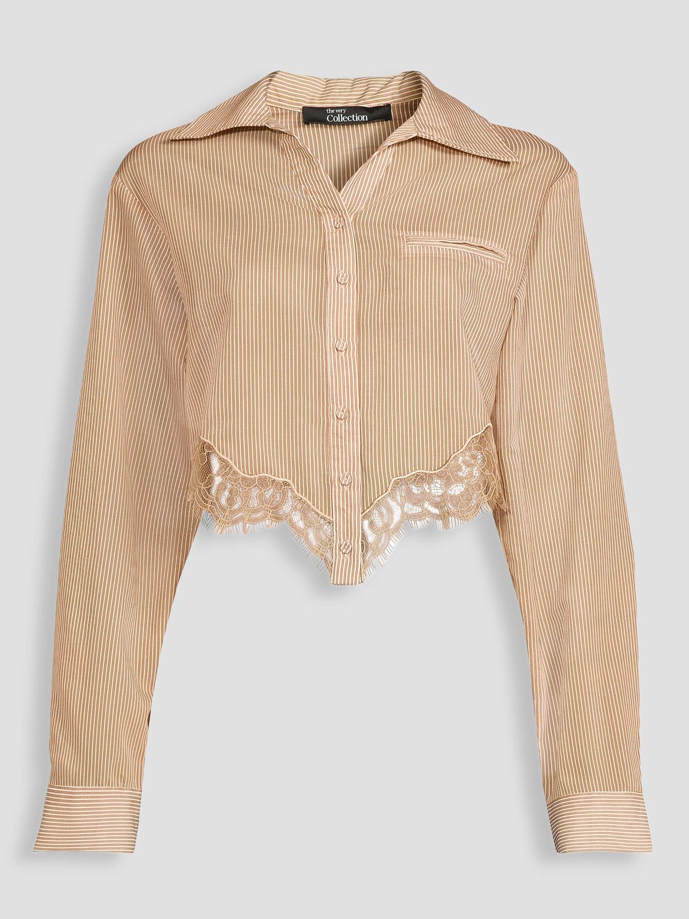 Image 7 of 7 of The Very Collection Lace Insert Co-Ord Cropped Shirt - Brown