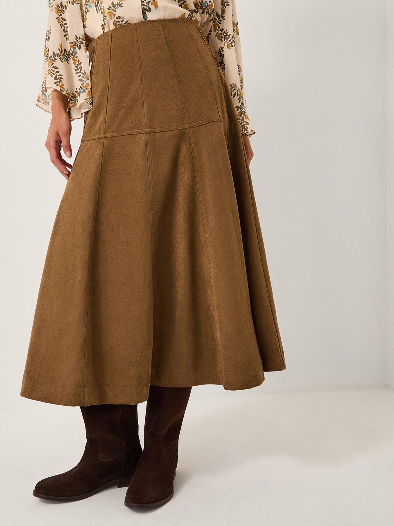 Monsoon Macy Suedette A-line Midi Skirt - Brown