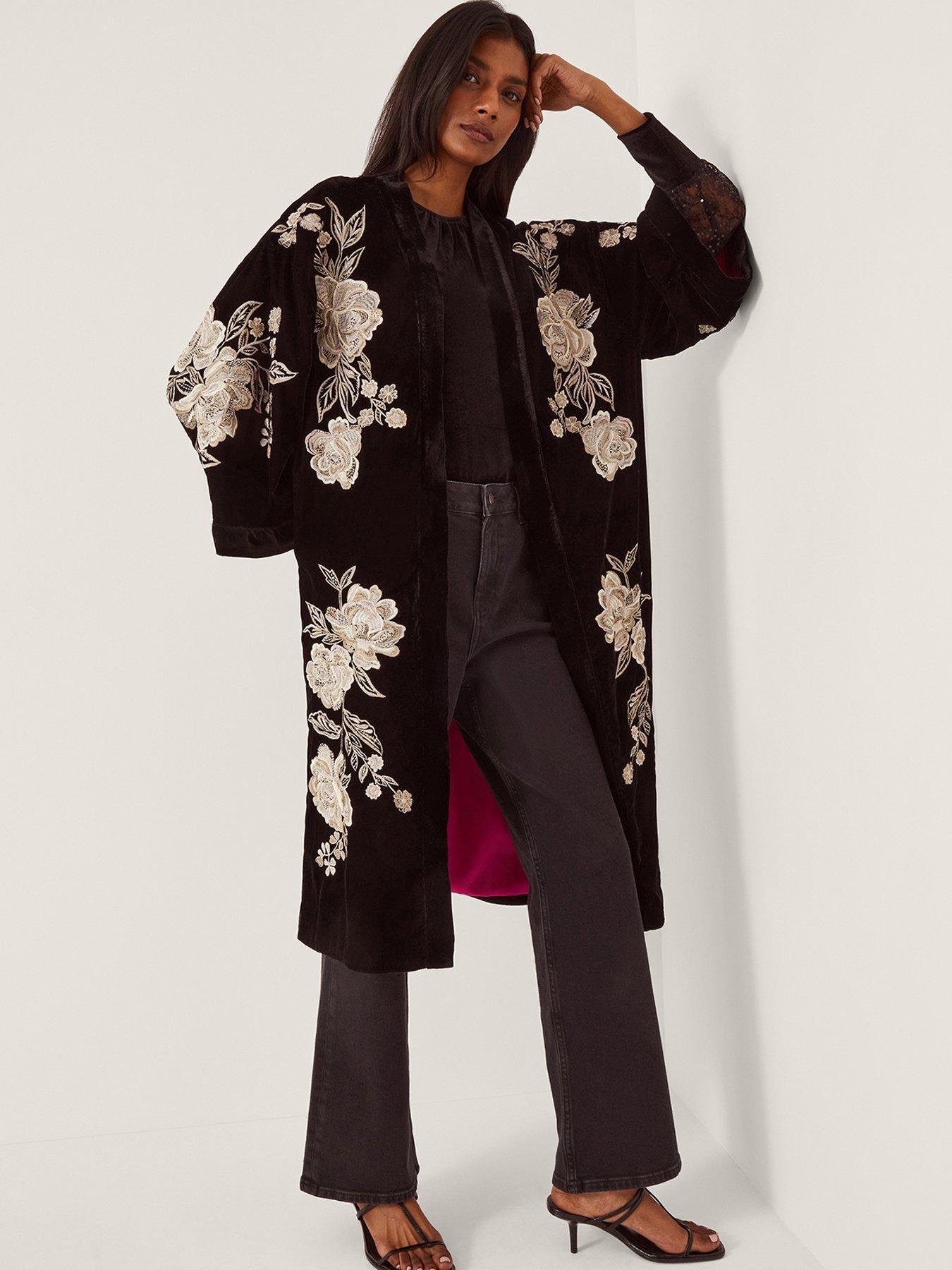 Image 1 of 5 of Monsoon Fia Floral Long Kimono - Black