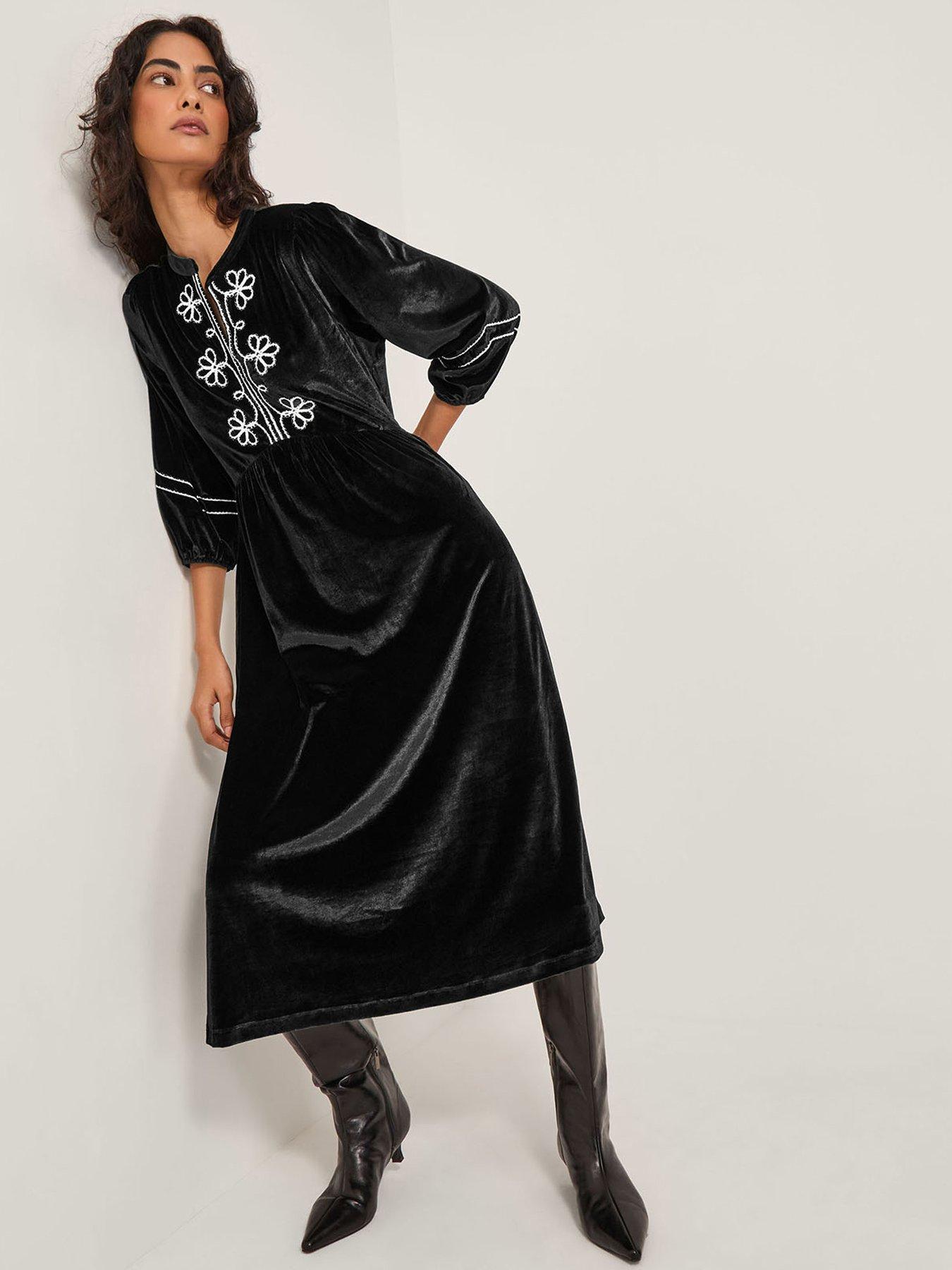 Monsoon Venus Embroidered Stretch Velvet Midi Dress - Black