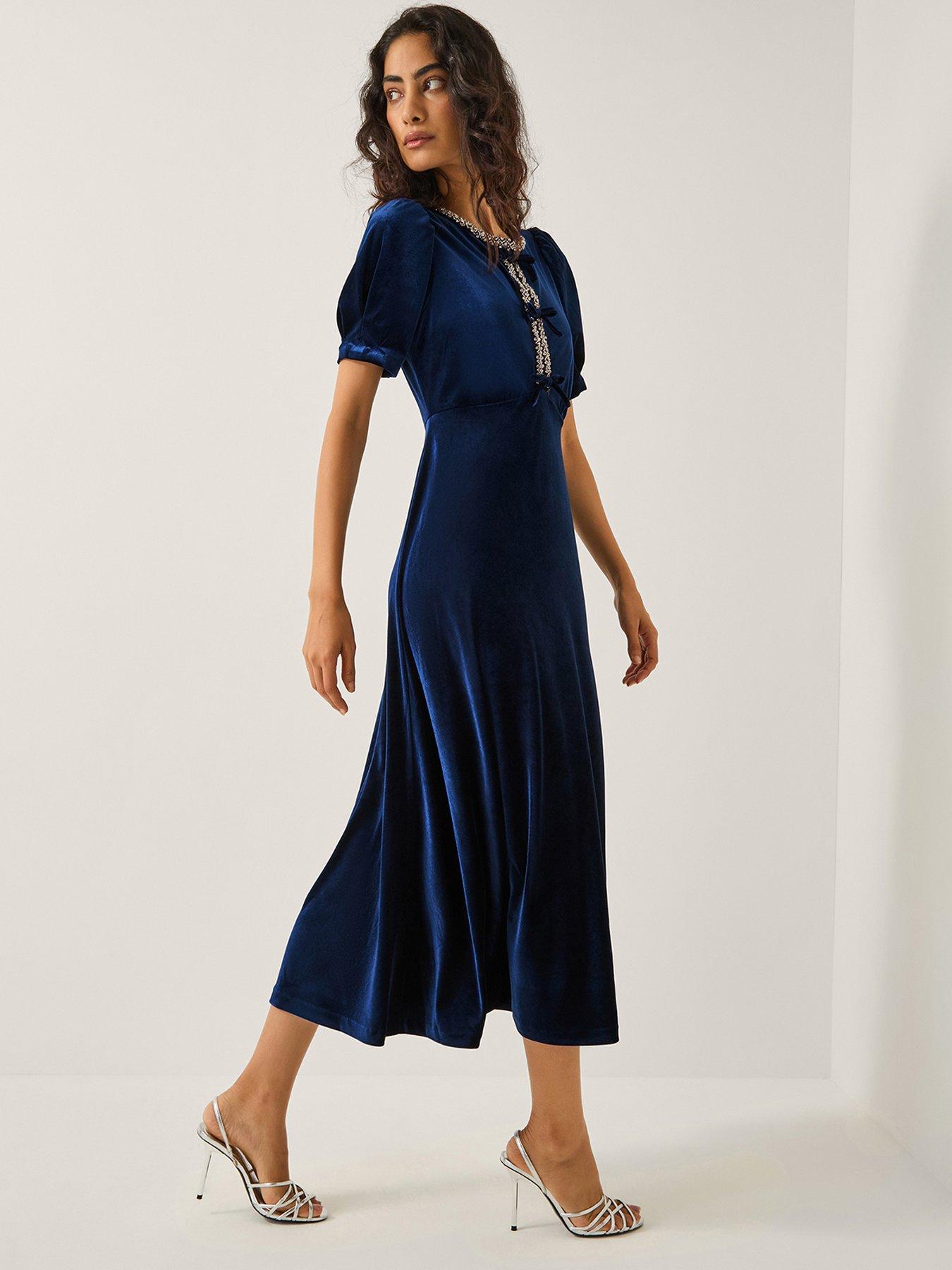 Monsoon Celeste Embellished Bow Velvet Midi Dress Blue Very