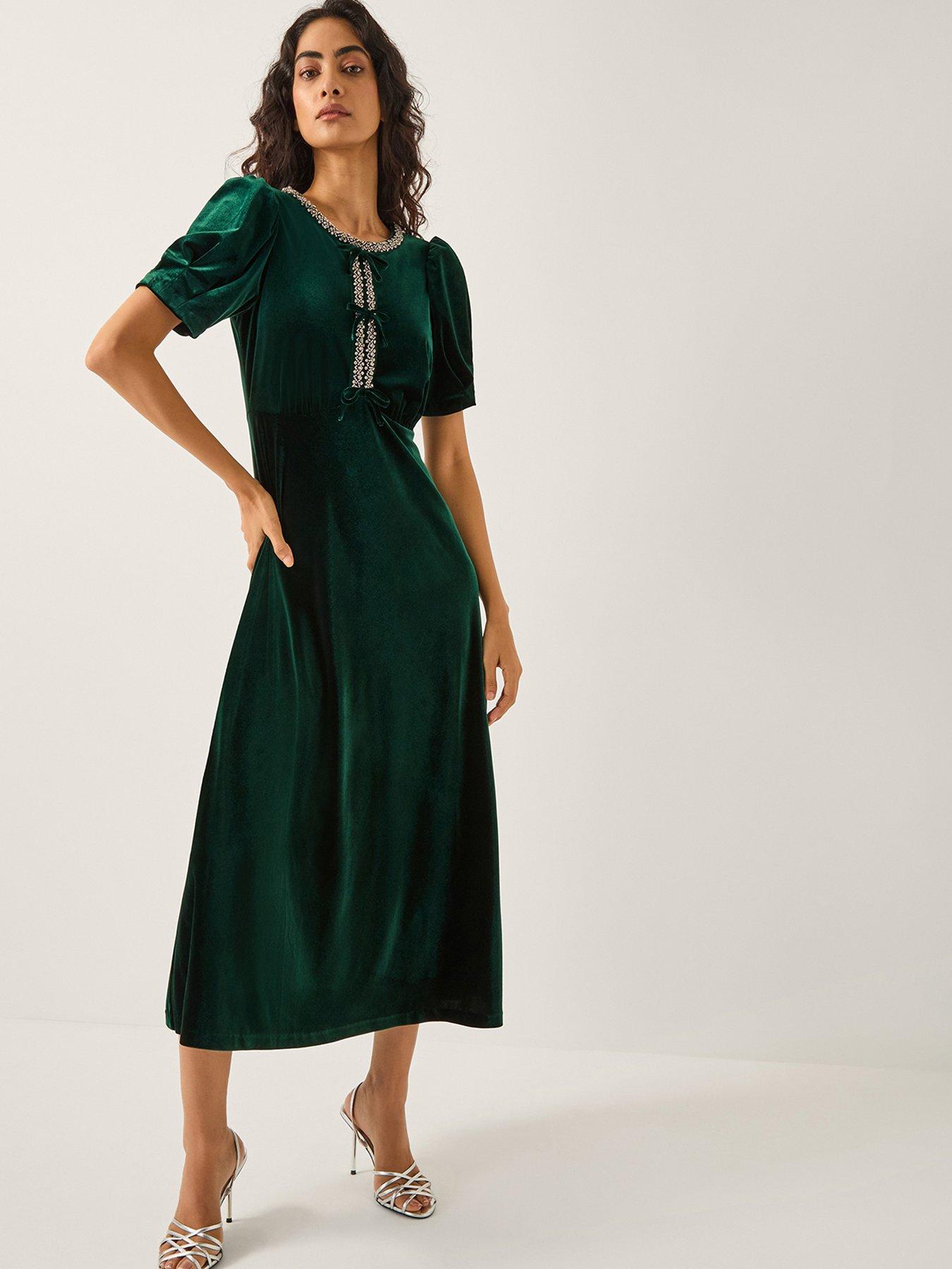 Monsoon Celeste Embellished Bow Velvet Midi Dress - Green