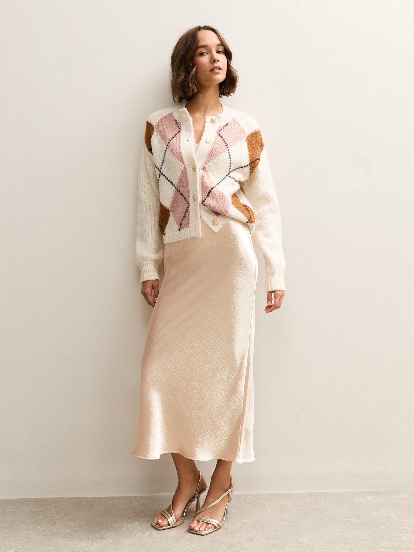 New Look Cream Satin Midi Skirt