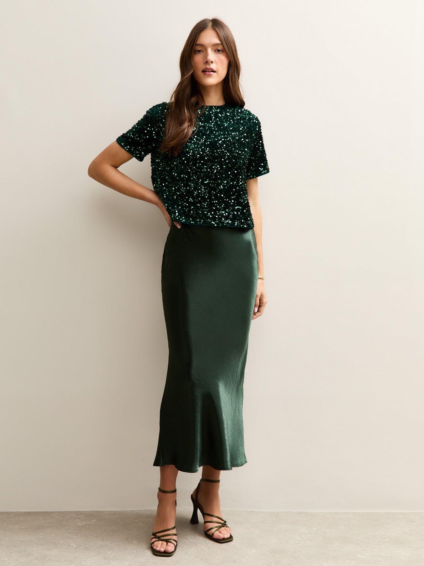 New Look Dark Green Satin Midi Skirt