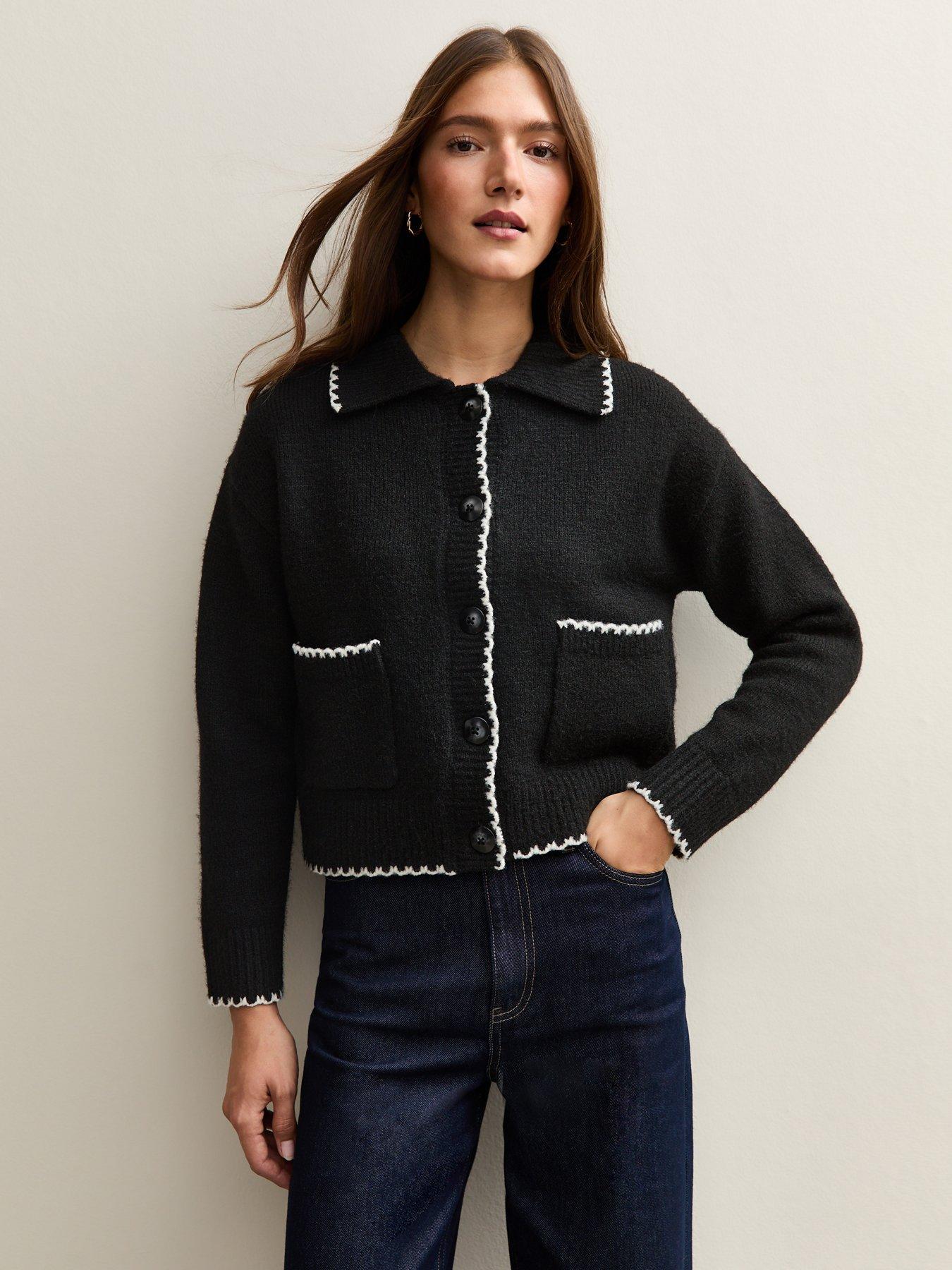 New Look Black Blanket Stitch Collared Cardigan