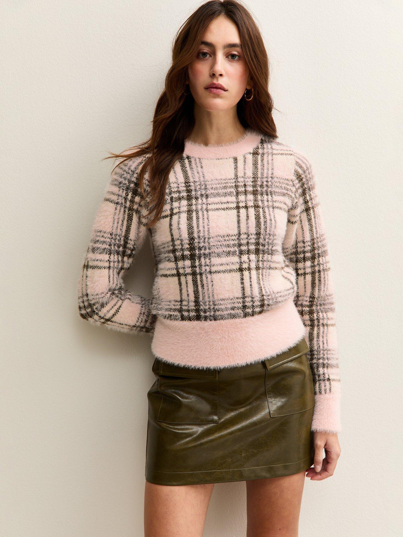New Look Fluffy Check Jumper - Pink