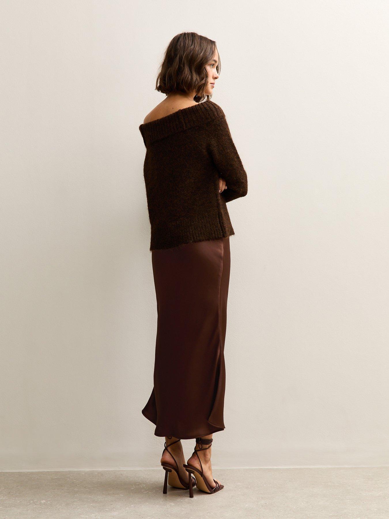 Image 2 of 4 of New Look Dark Brown Satin Bias Cut Midi Skirt