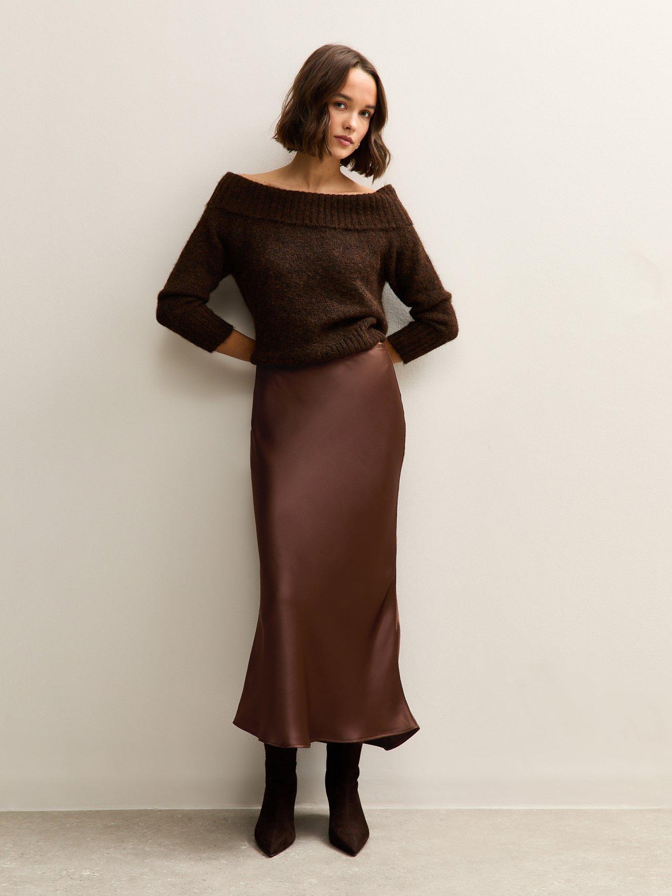 Image 3 of 4 of New Look Dark Brown Satin Bias Cut Midi Skirt