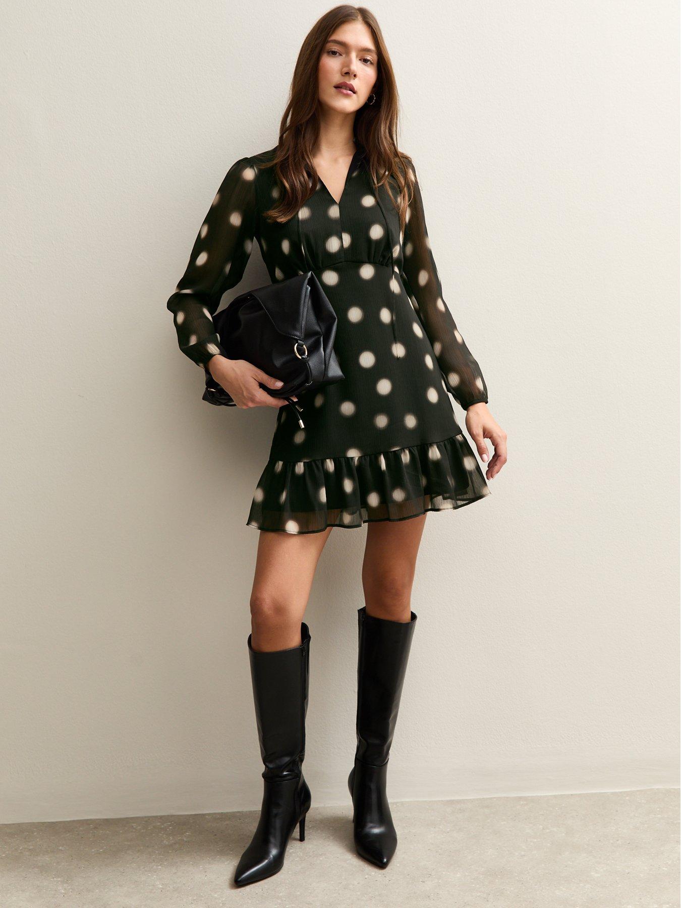 Image 3 of 6 of New Look Black Chiffon Polka Dot Mini Dress